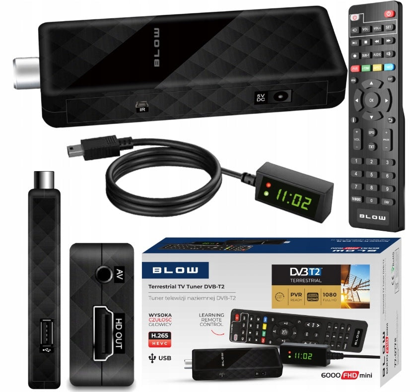 DECODER TUNER TV DVB-T2 HEVC H.265 FULL HD MINI STICK HDMI USB + REMOTE CONTROL