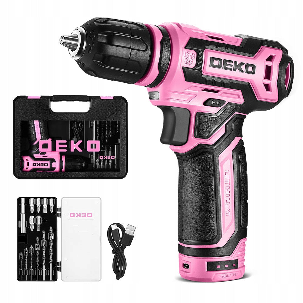 DEKO Różowa wiertarko-wkrętarka akumulatorowa Type-C LED zestaw bitów DIY