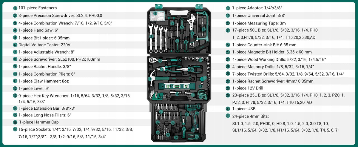 DEKO Zielony zestaw 238 narzędzi, szufladowa skrzynka i wiertarka 12V Manufacturer code DKMT238DU-GR
