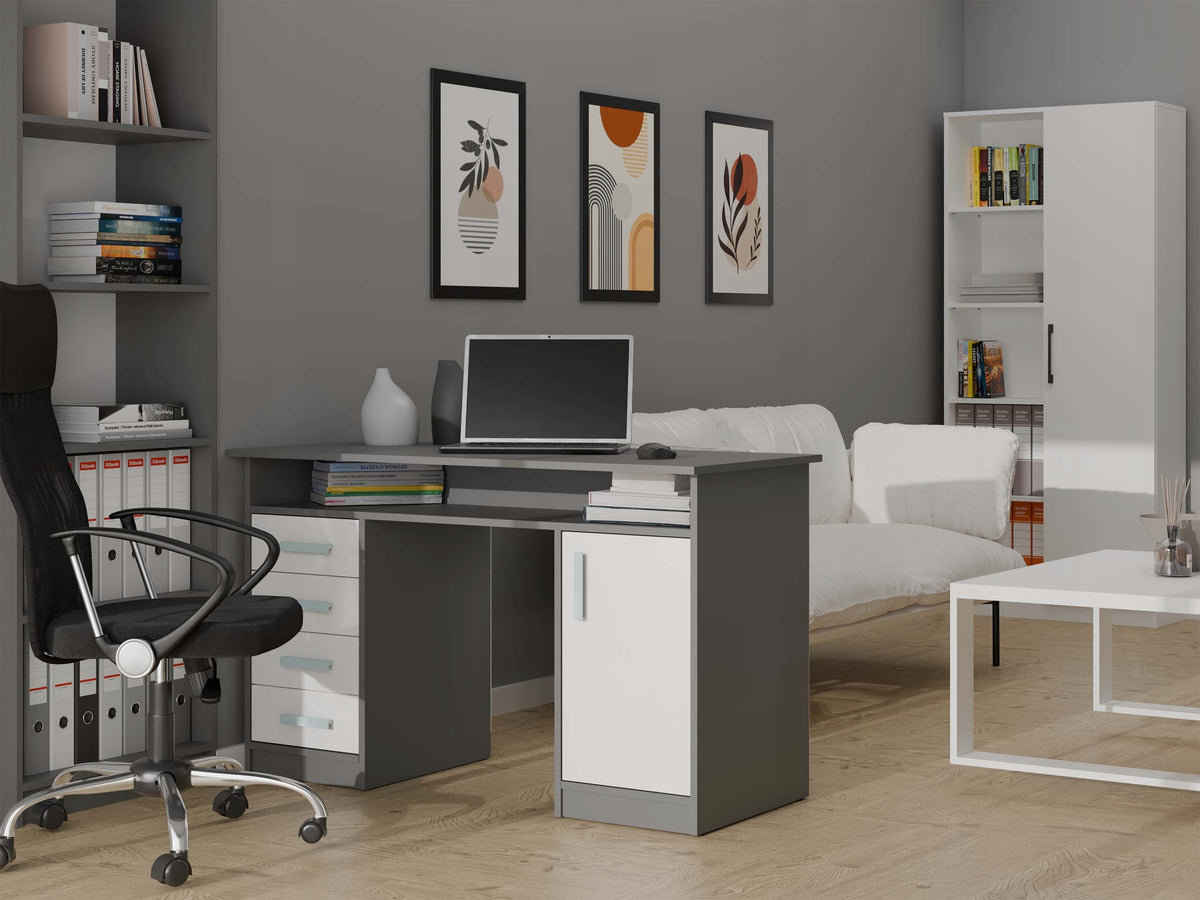 DESK ADA ANTHRACITE WHITE 125 CM 4 DRAWERS 3 SHELVES 1 DOOR TO THE OFFICE ROOM Packaging status original