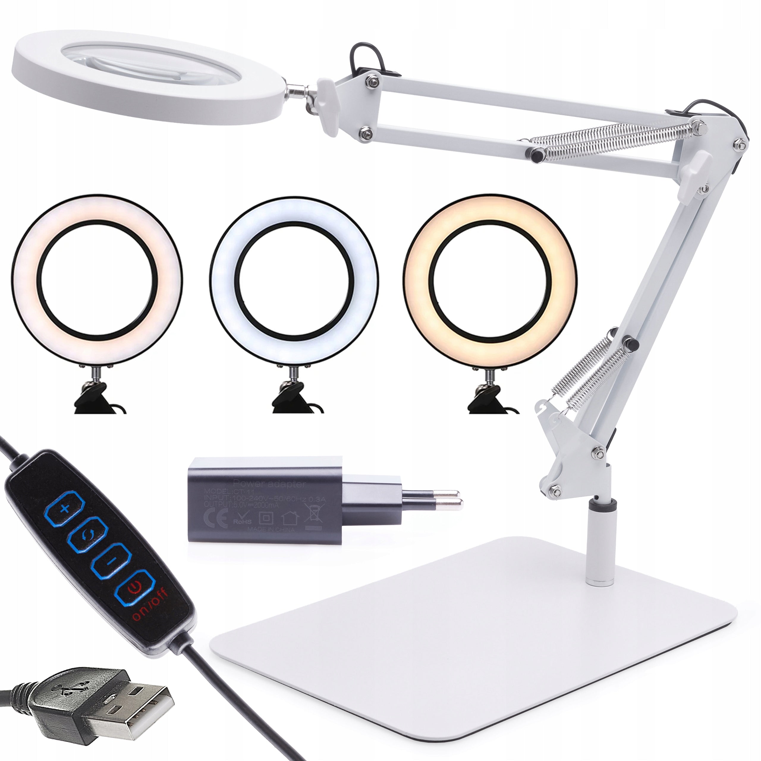DESK LAMP WITH MAGNIFYING GLASS BASE LED LIGHTING USB 12W STAND ADAPTER