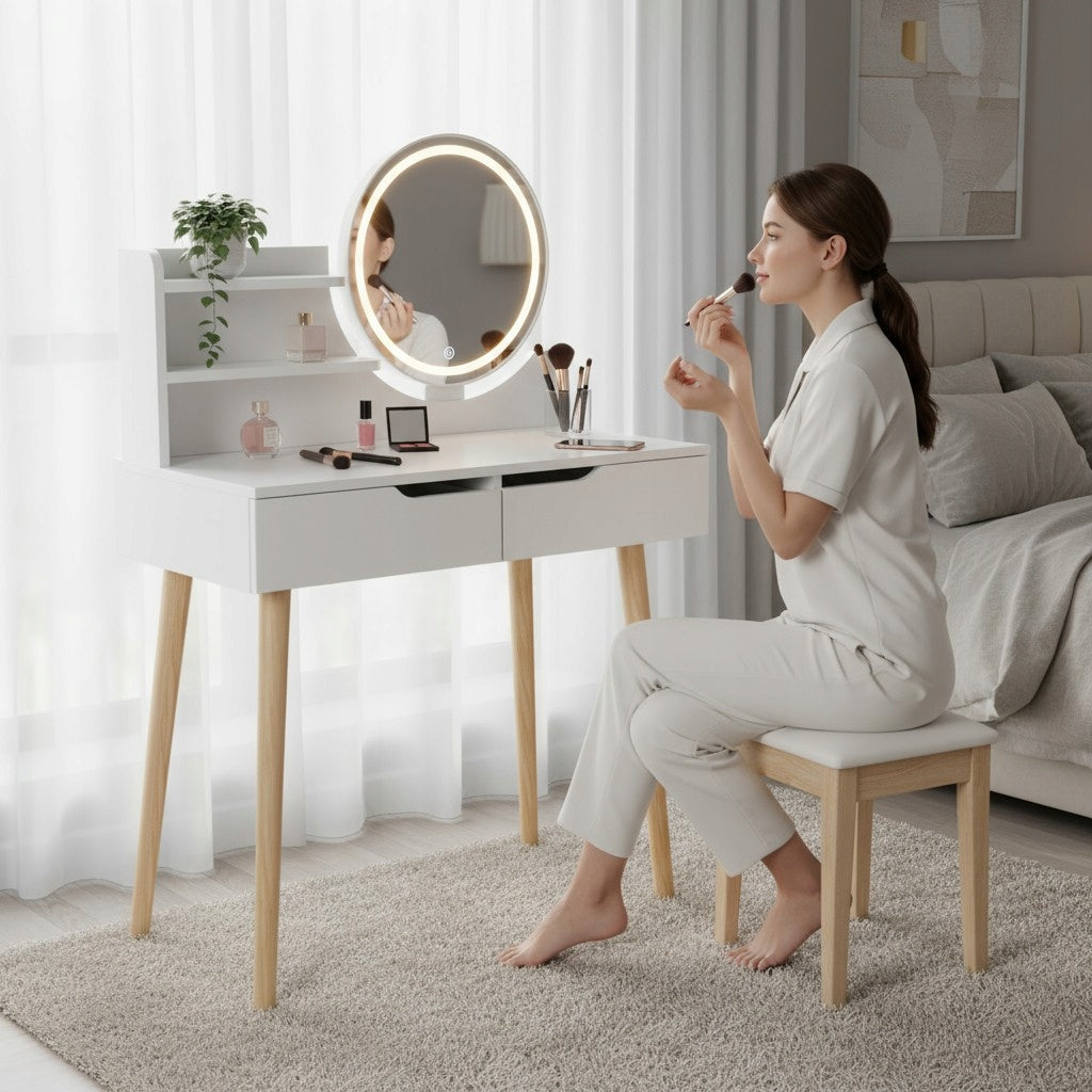 DESK WITH MIRROR LED SCANDINAVIAN DRESSING TABLE GLAMOUR COSMETIC MAKE-UP Brand Elmeri