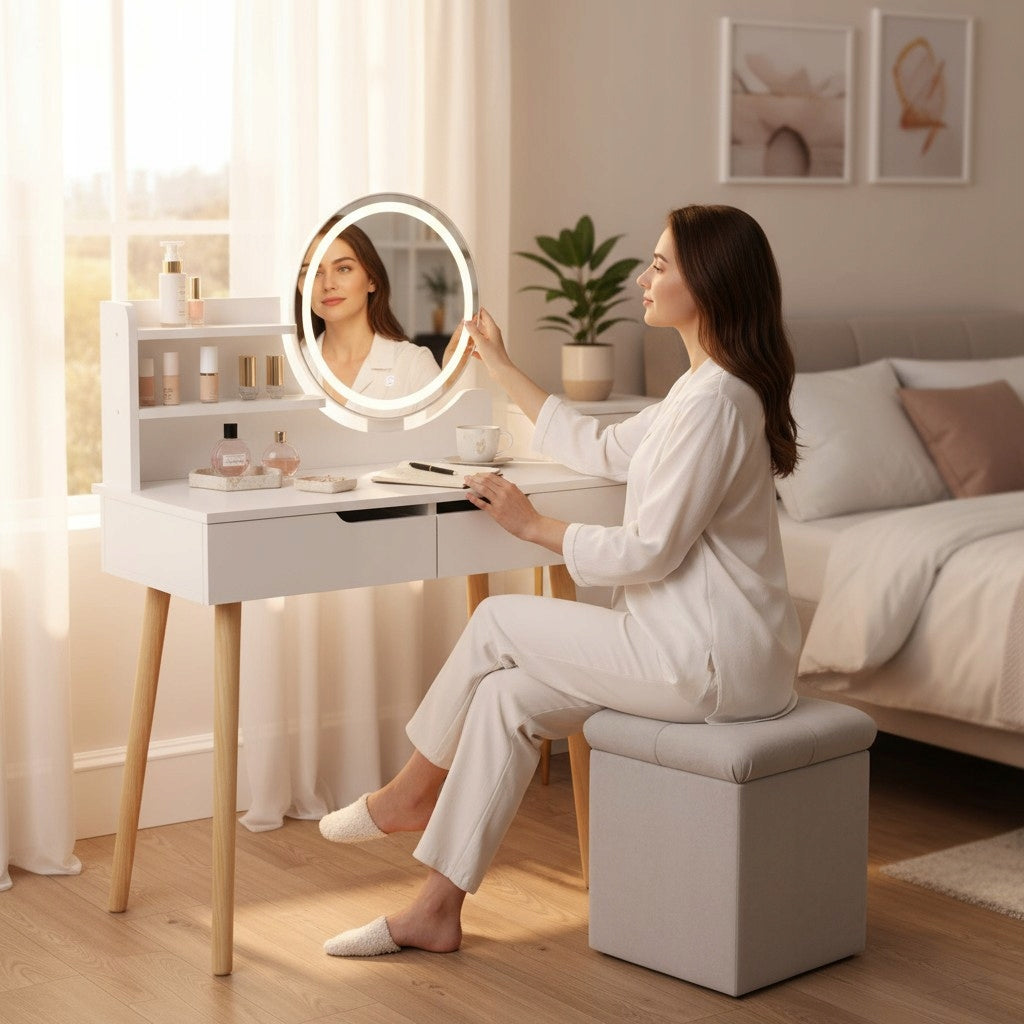 DESK WITH MIRROR LED SCANDINAVIAN DRESSING TABLE GLAMOUR COSMETIC MAKE-UP Packaging status original