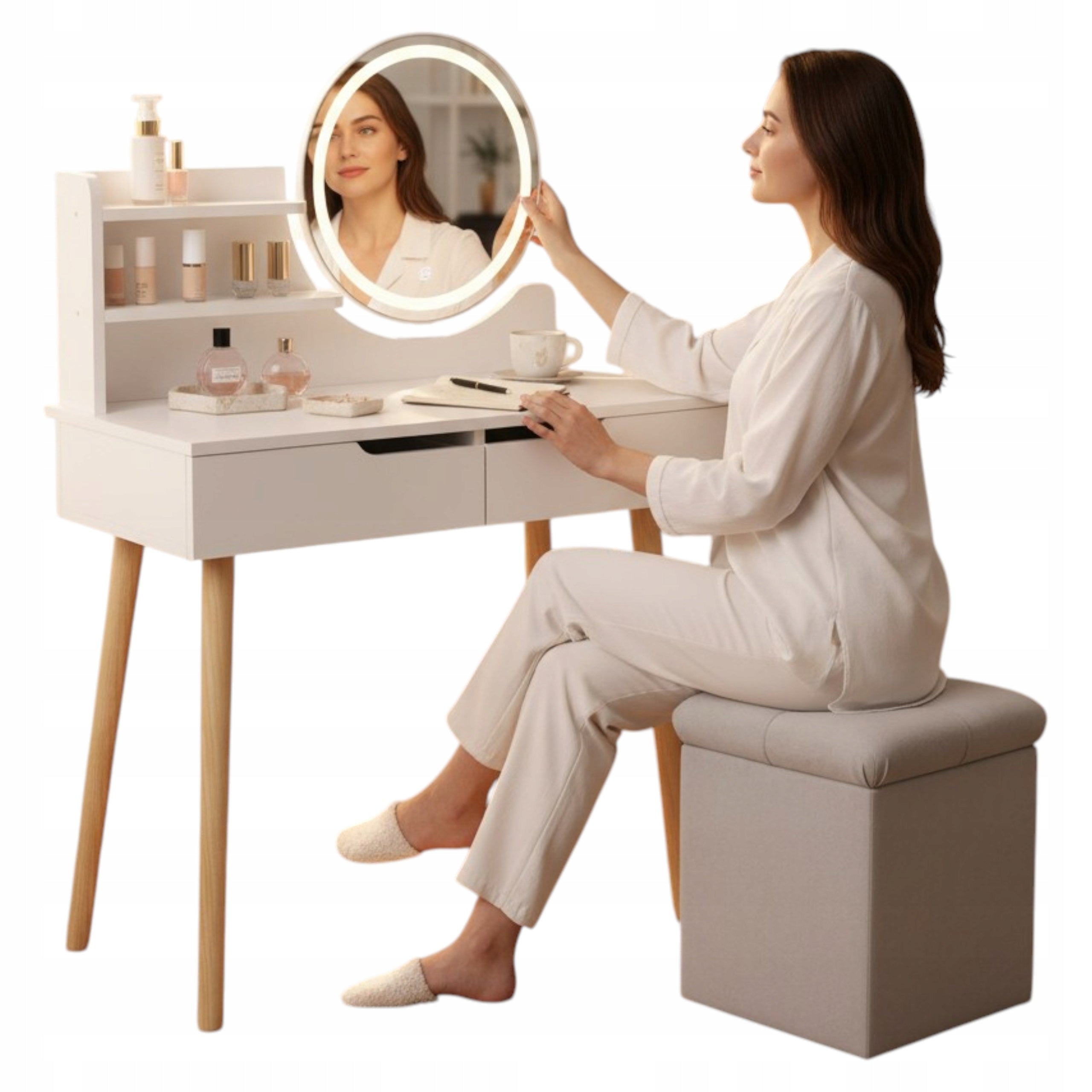 DESK WITH MIRROR LED SCANDINAVIAN DRESSING TABLE GLAMOUR COSMETIC MAKE-UP
