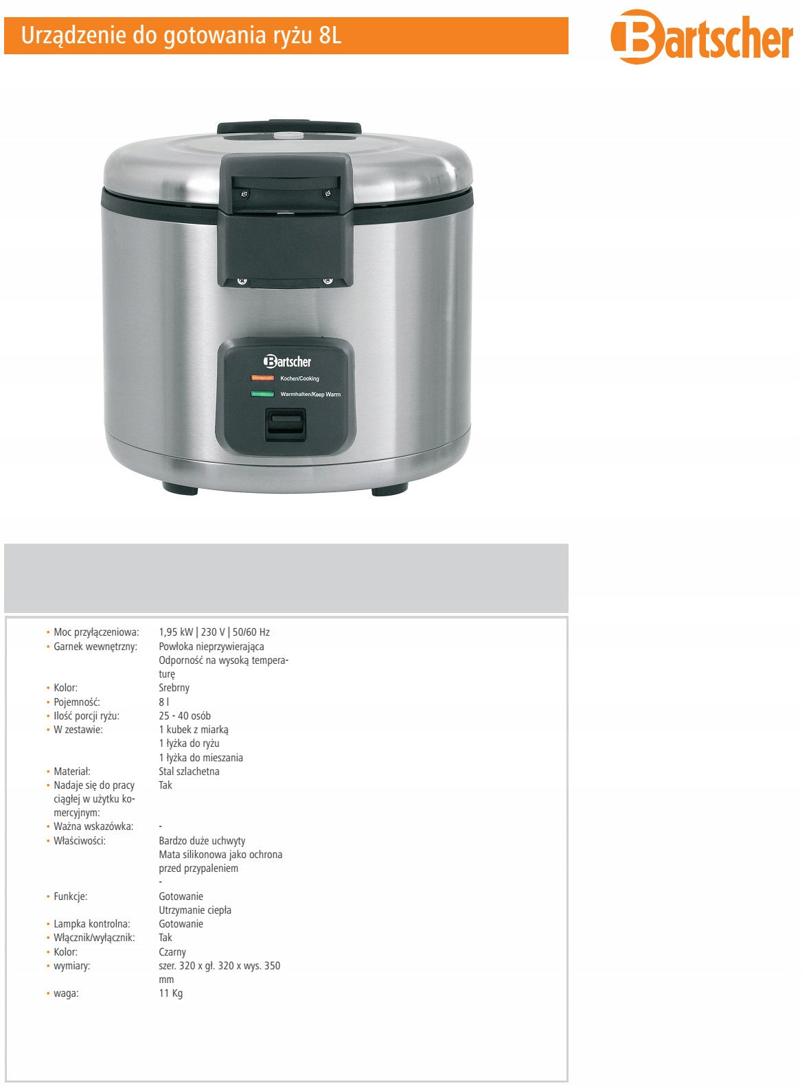 DEVICE POT FOR COOKING RICE BARTSCHER 8l Manufacturer code A150513