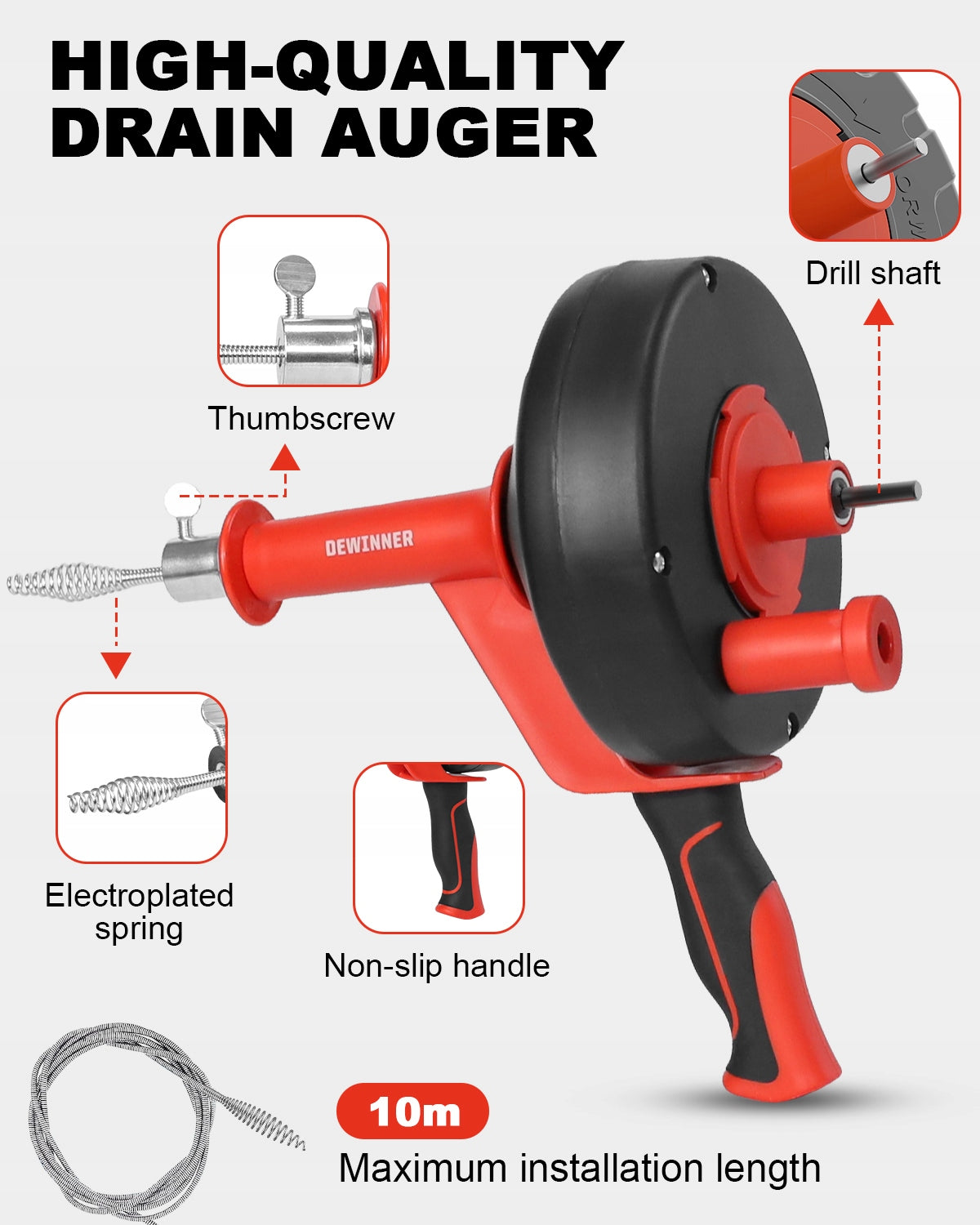 DEWINNER Sewer spiral 10m, 2 operating modes, for pipes and sink Packaging status original