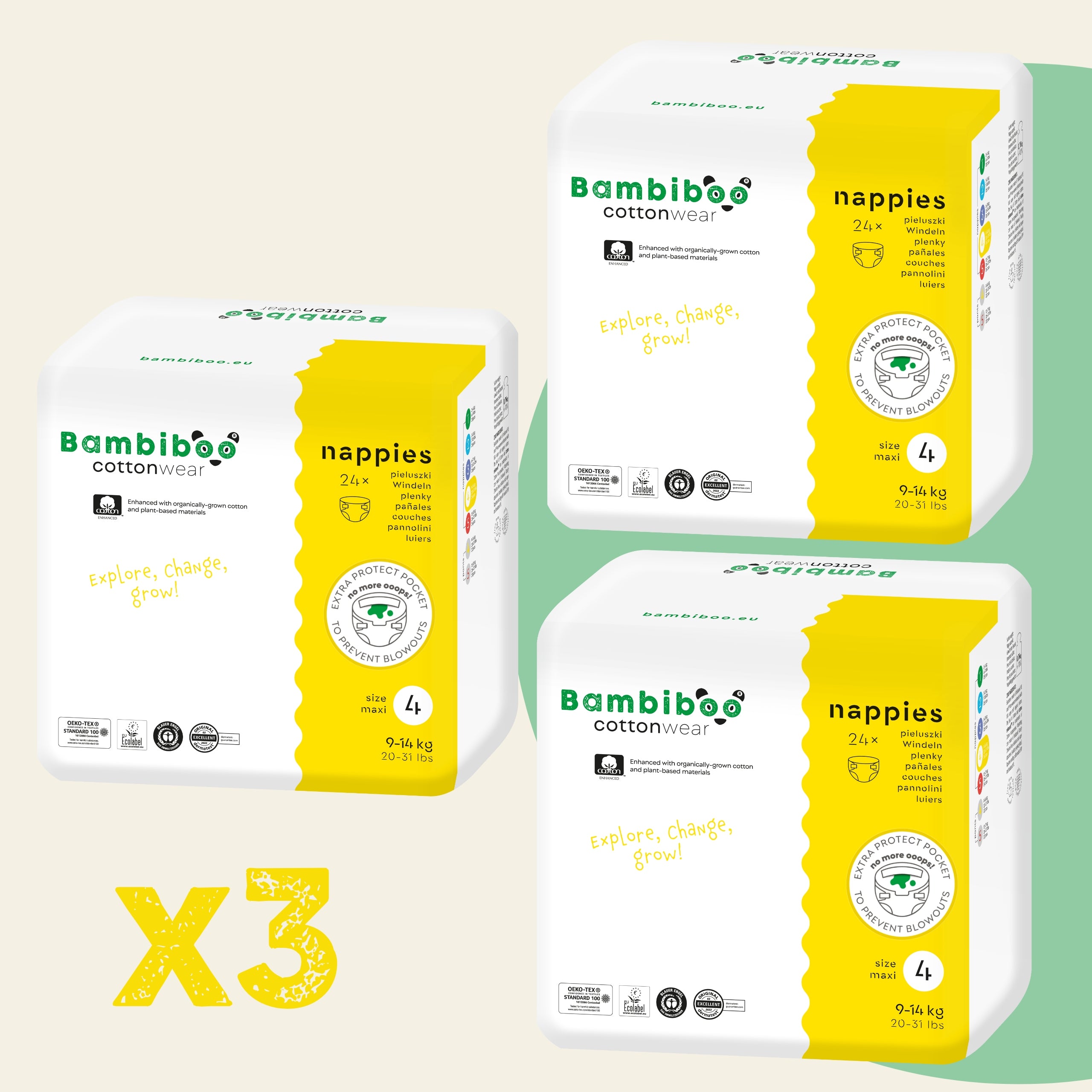 DIAPERS BAMBIBOO DIAPERS 4 Set of 3x24 COTTONWEAR 9-14kg MAXI Packaging status original