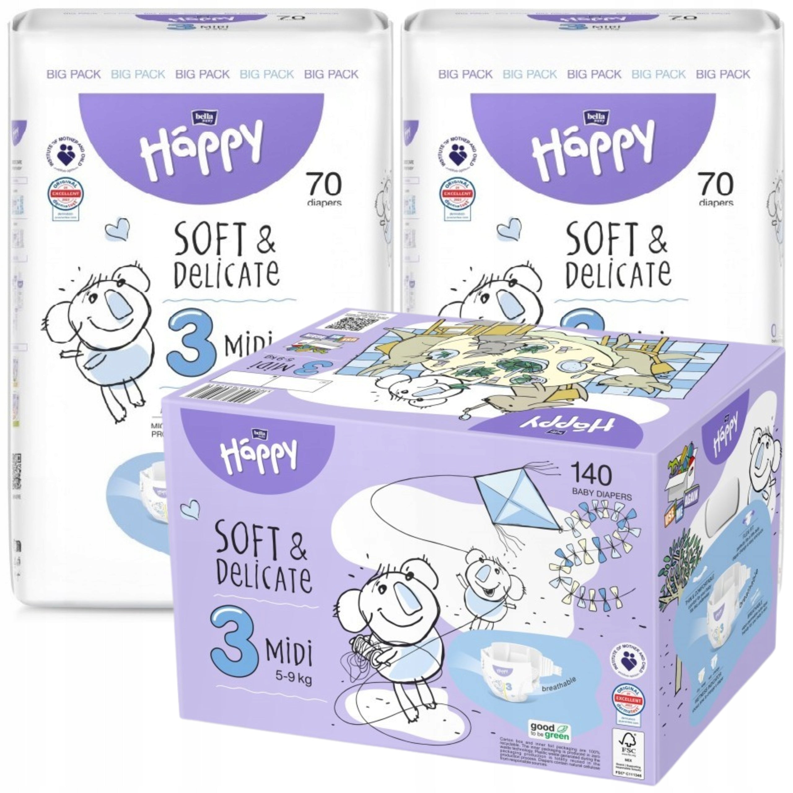 DIAPERS BELLA HAPPY 3 MIDI 5-9KG 140PCS HAPPY BOX