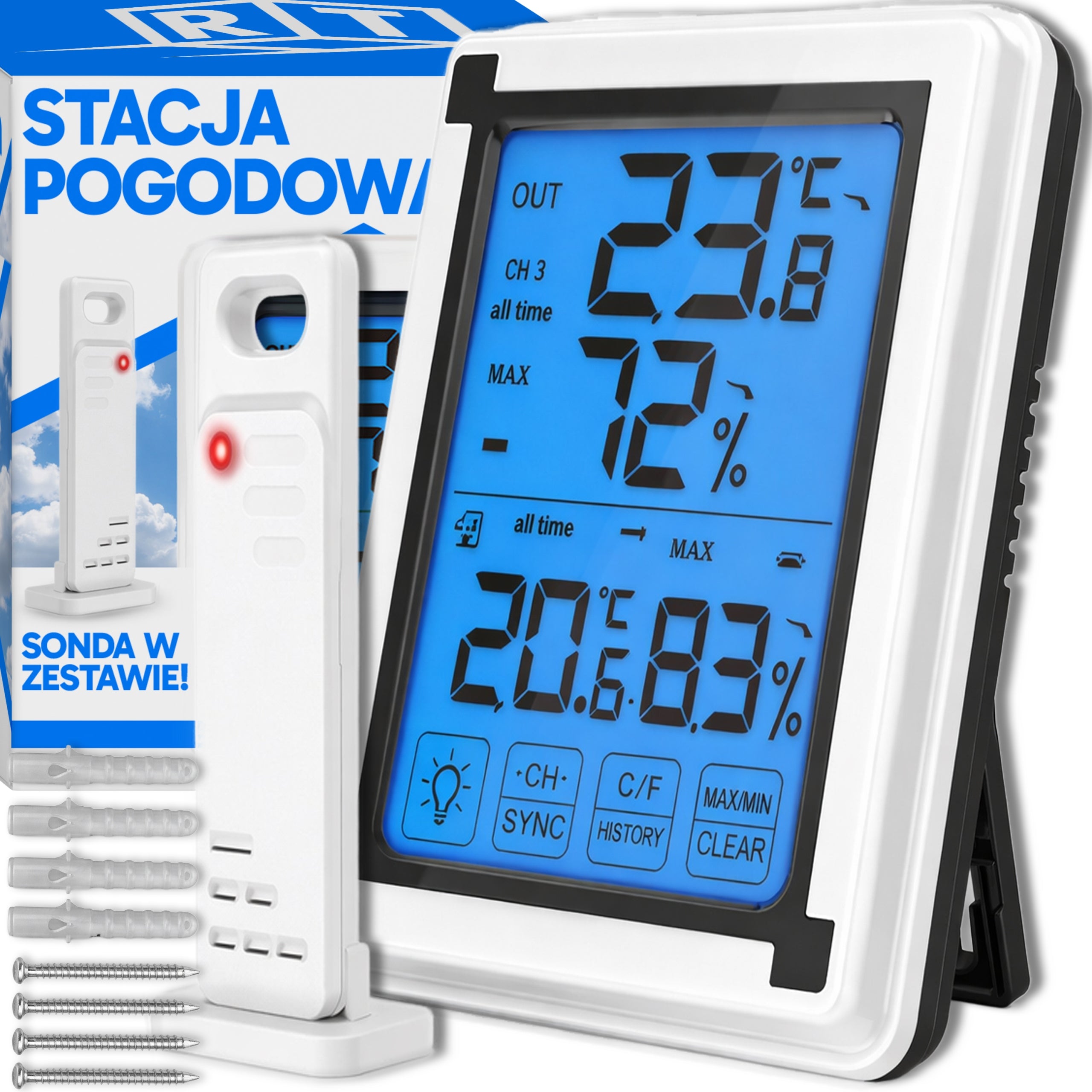 DIGITAL THERMOMETER WIRELESS TOUCH WEATHER STATION HYGROMETER + SENSOR