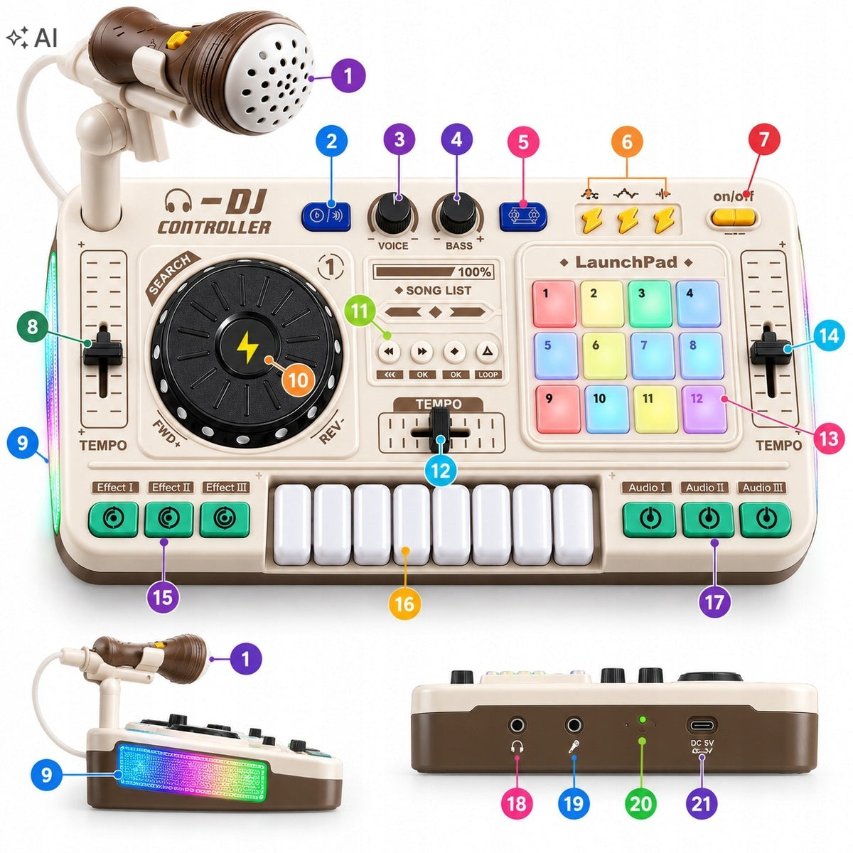 DJ MIXER FOR KIDS WITH MICROPHONE BLUETOOTH KARAOKE LED PIANO GIFT USB Kind DJ console