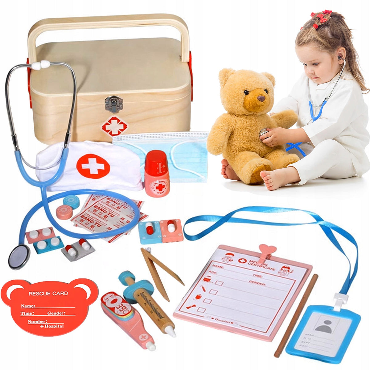 DOCTOR WOODEN MEDICAL SET FOR CHILDREN STETHOSCOPE SMALL DOCTOR