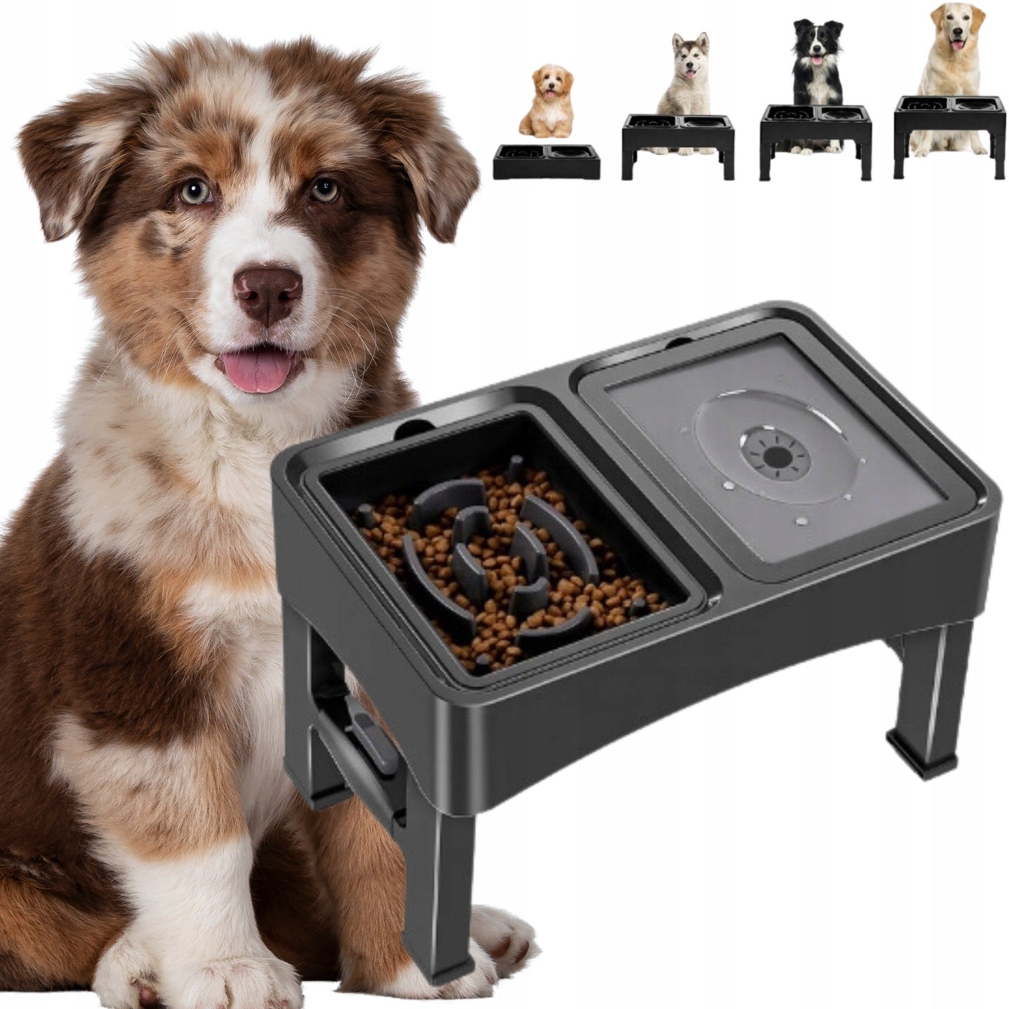 DOG BOWL ADJUSTABLE HEIGHT ON STAND DOUBLE NON-SPILL 2IN1