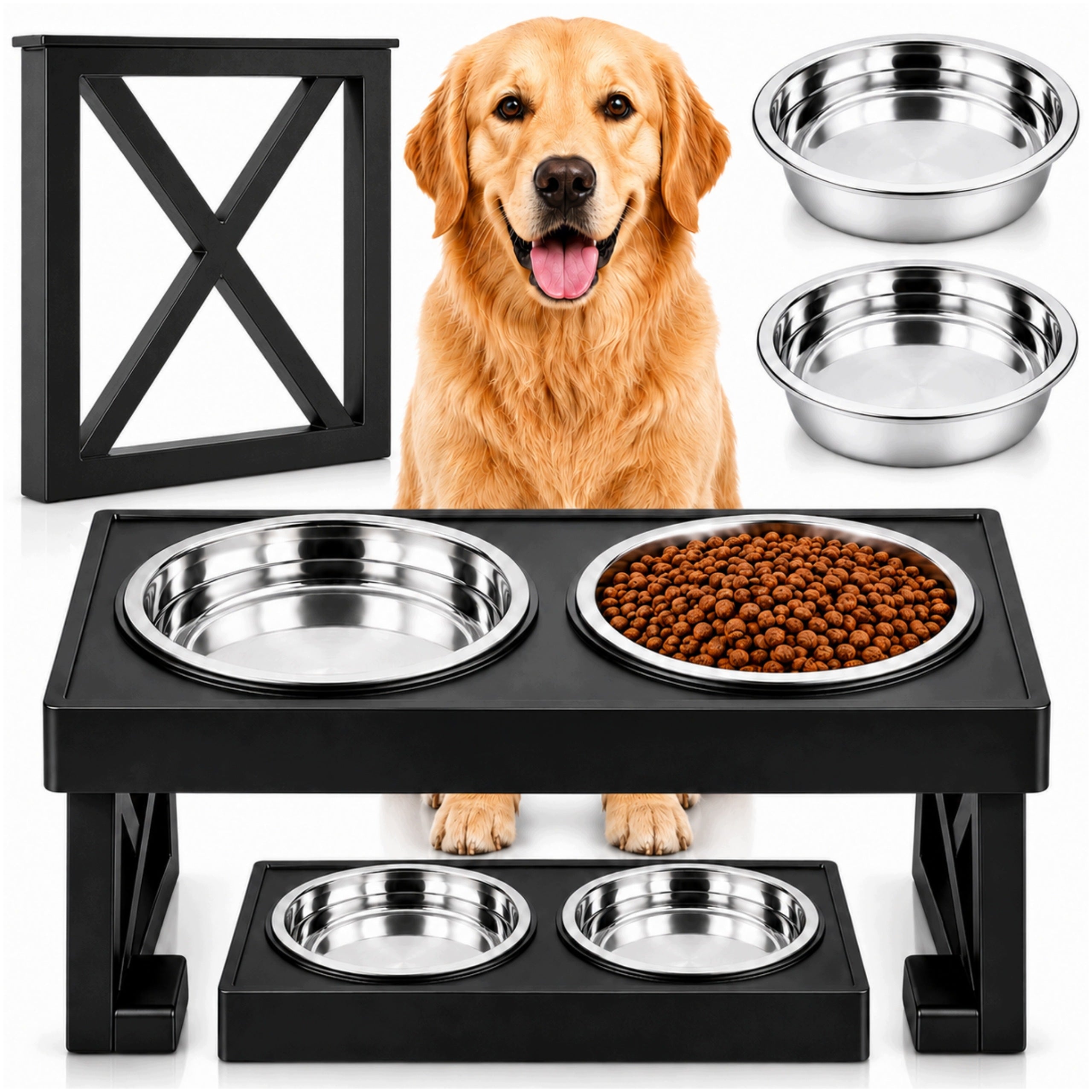DOG BOWL DOUBLE ON STAND ADJUSTABLE LARGE METAL BOWL STABLE