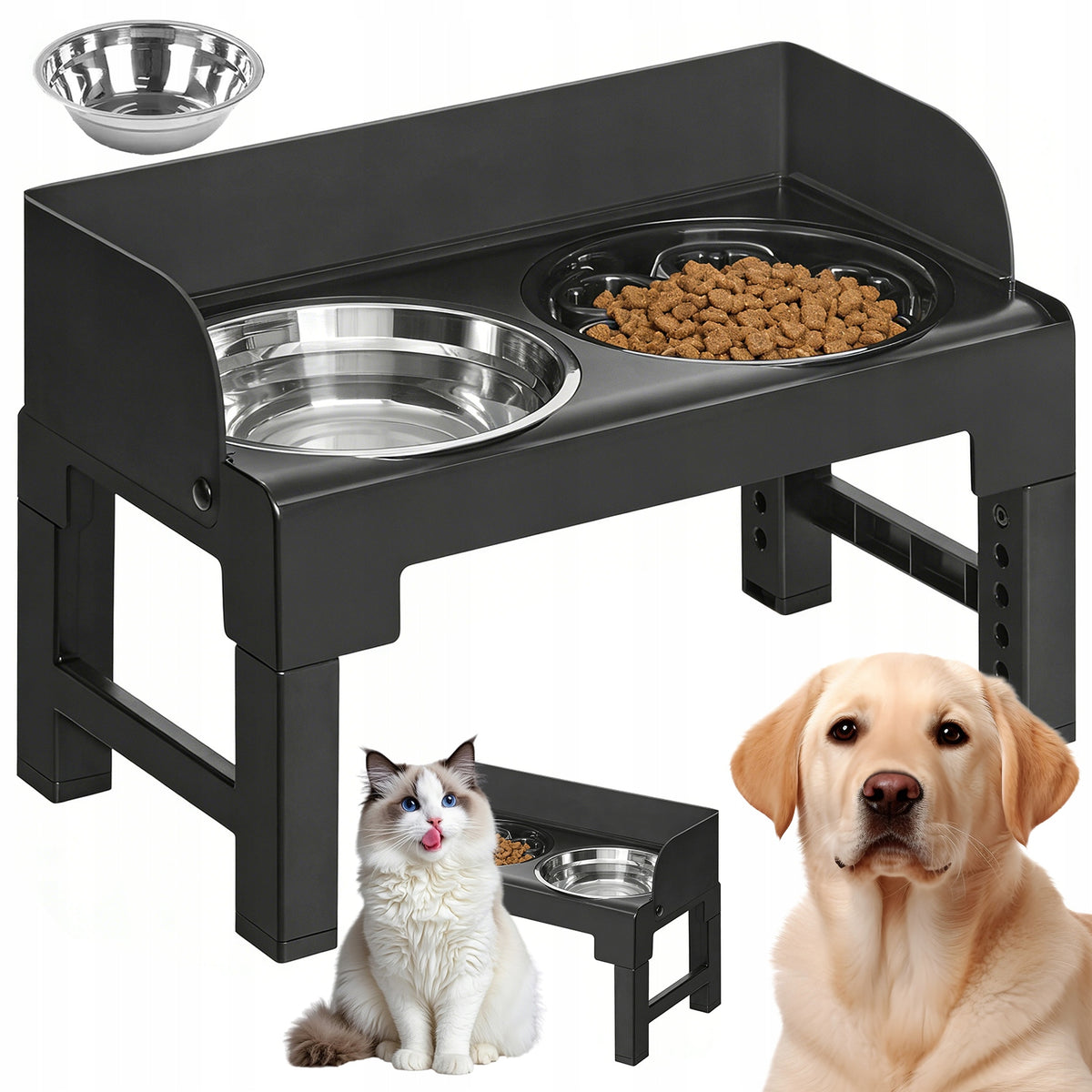 DOG BOWL WITH ADJUSTABLE STAND WITH BOWLS FOR LARGE AND SMALL
