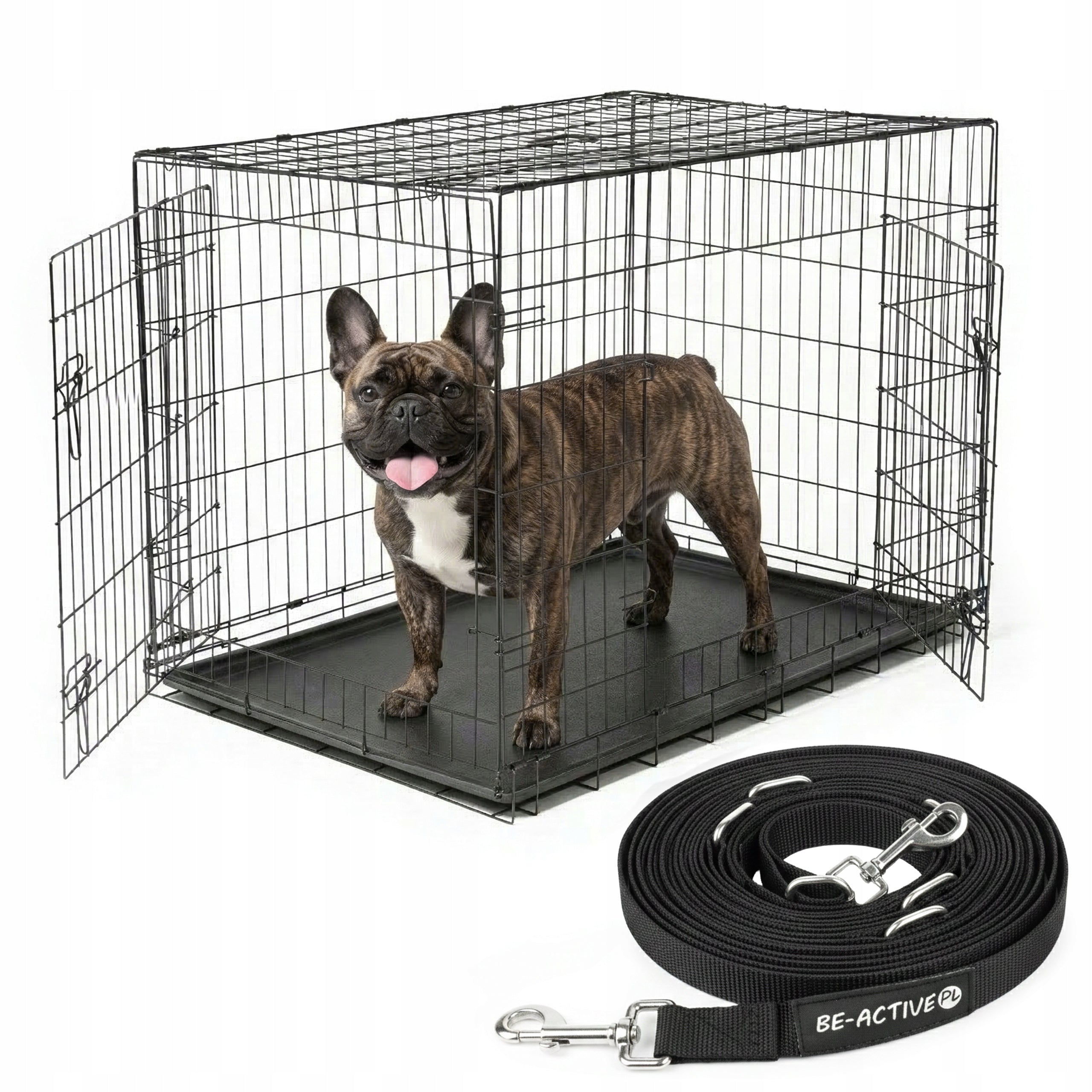 DOG CAGE METAL KENNEL L ANIMAL TRANSPORTER 78x46x52 LANYARD 5M