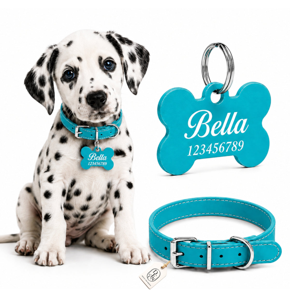 DOG COLLAR BLUE ADJUSTABLE ADDRESS CARD PERSONALIZATION ENGRAVING PUPPY