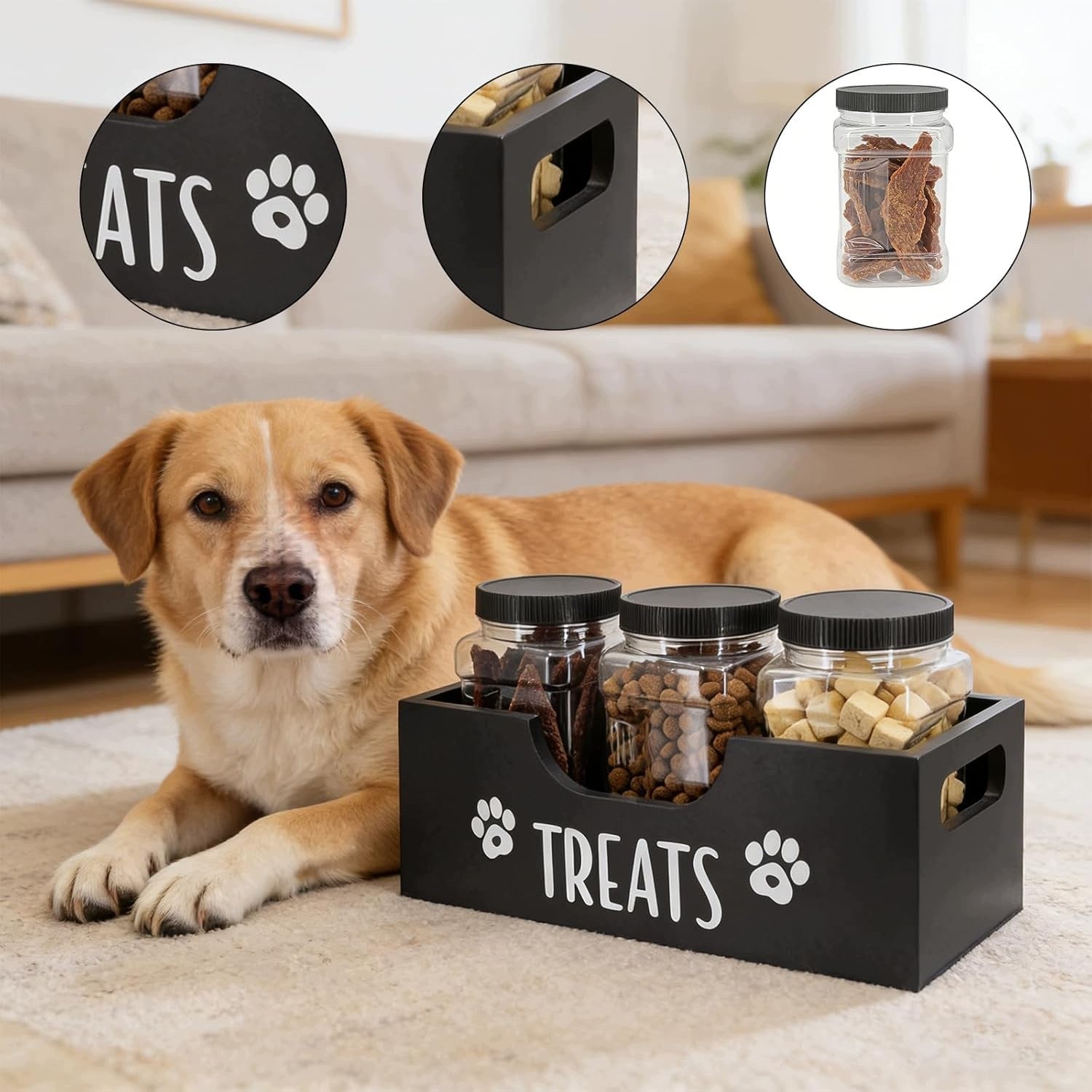DOG FOOD CONTAINER WOODEN ORGANIZER WITH 3 AIRTIGHT CONTAINERS Manufacturer code 3SZT SŁOIK POJEMNIK NA PRZYSMAKI