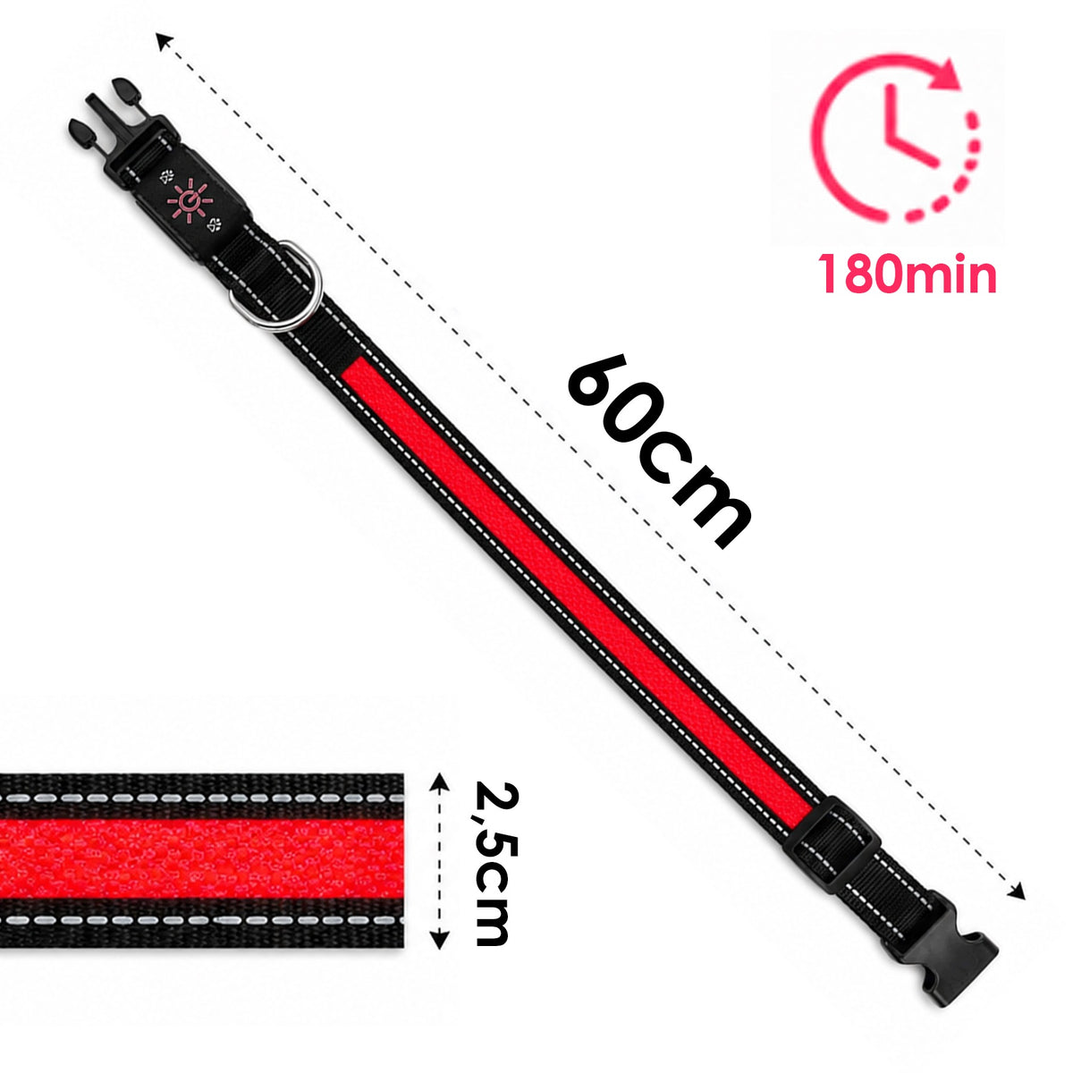 DOG GLOWING LED COLLAR 60CM ADJUSTABLE STRONG 3 USB-C LIGHT MODES Brand Allvo