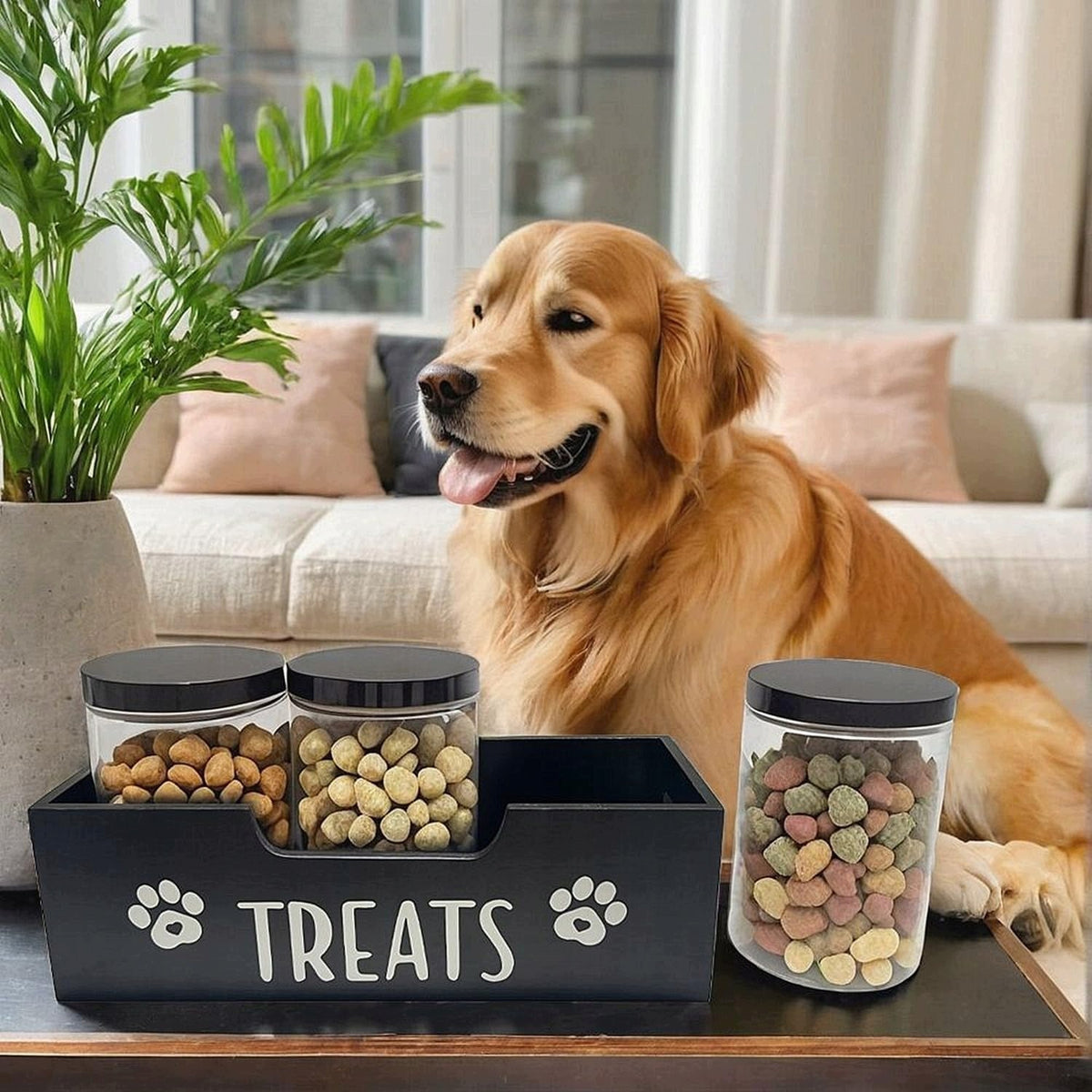 DOG TREAT CONTAINER WOODEN SET OF 3 STORAGE JARS Packaging status original