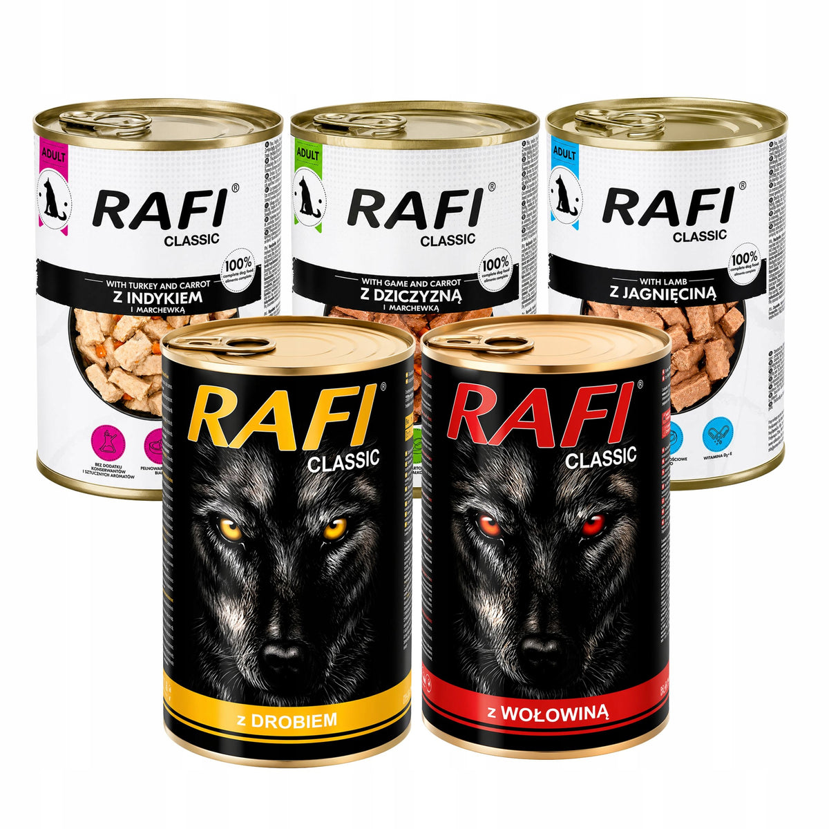 DOLINA NOTECI RAFI CLASSIC wet food DOG CANS MIX OF FLAVORS 10x1240G Packaging status original