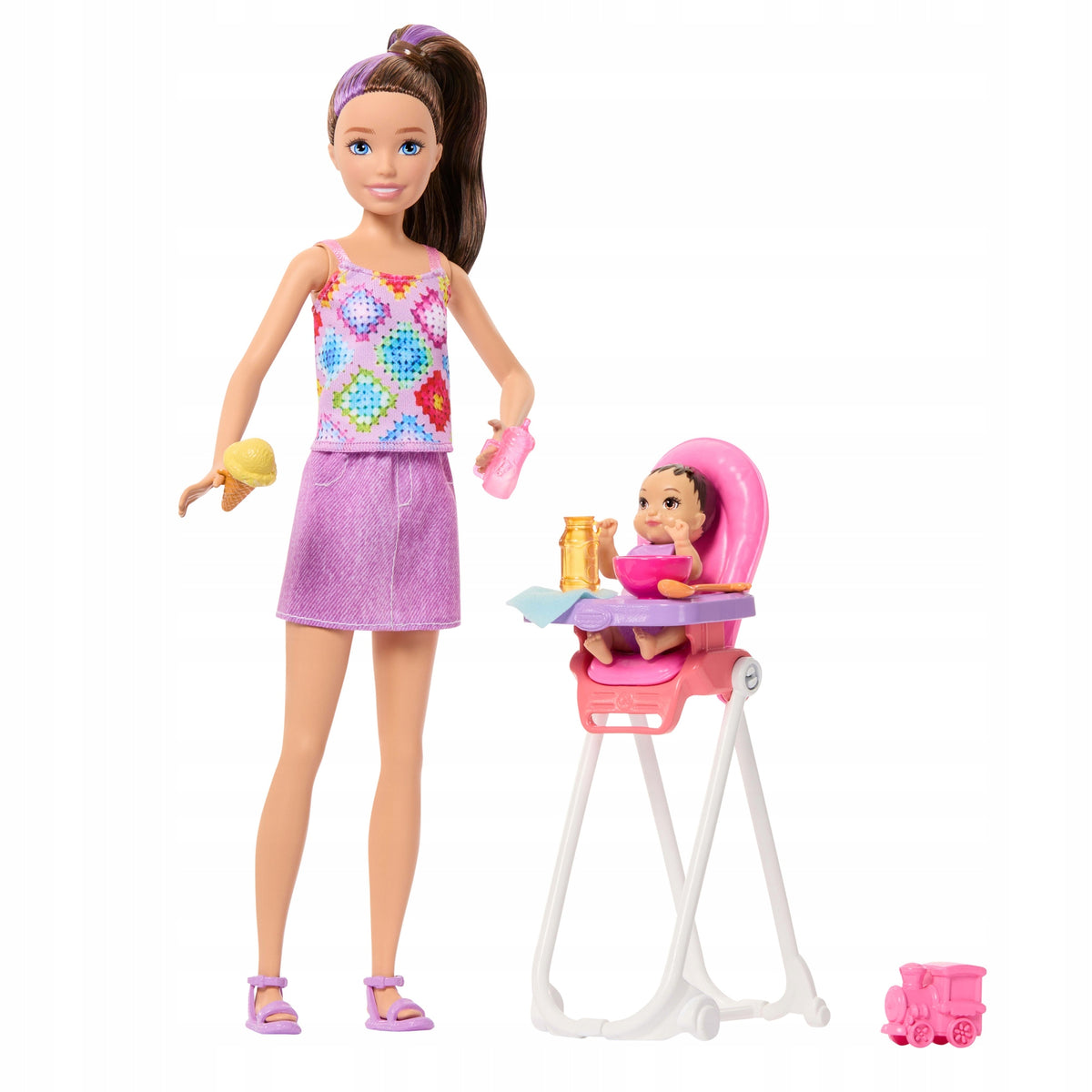 DOLL BARBIE BABYSITTER SKIPPER SET WITH BABY HIGH CHAIR FEEDING Manufacturer code JJB43