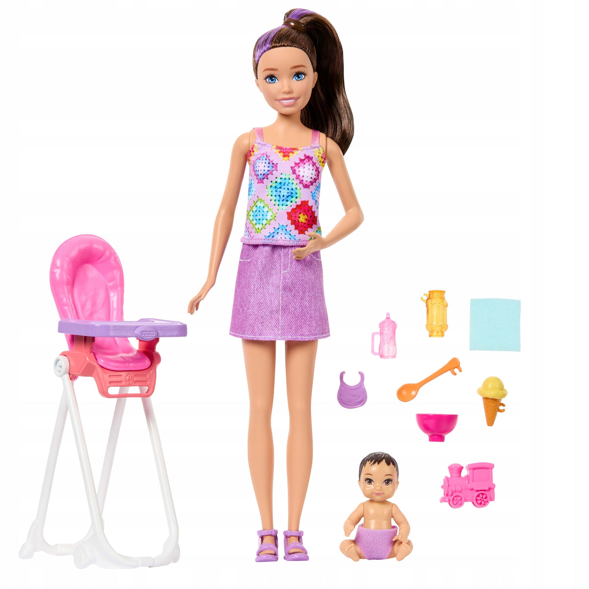 DOLL BARBIE BABYSITTER SKIPPER SET WITH BABY HIGH CHAIR FEEDING Packaging status original