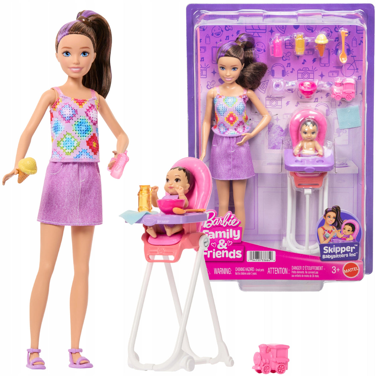 DOLL BARBIE BABYSITTER SKIPPER SET WITH BABY HIGH CHAIR FEEDING