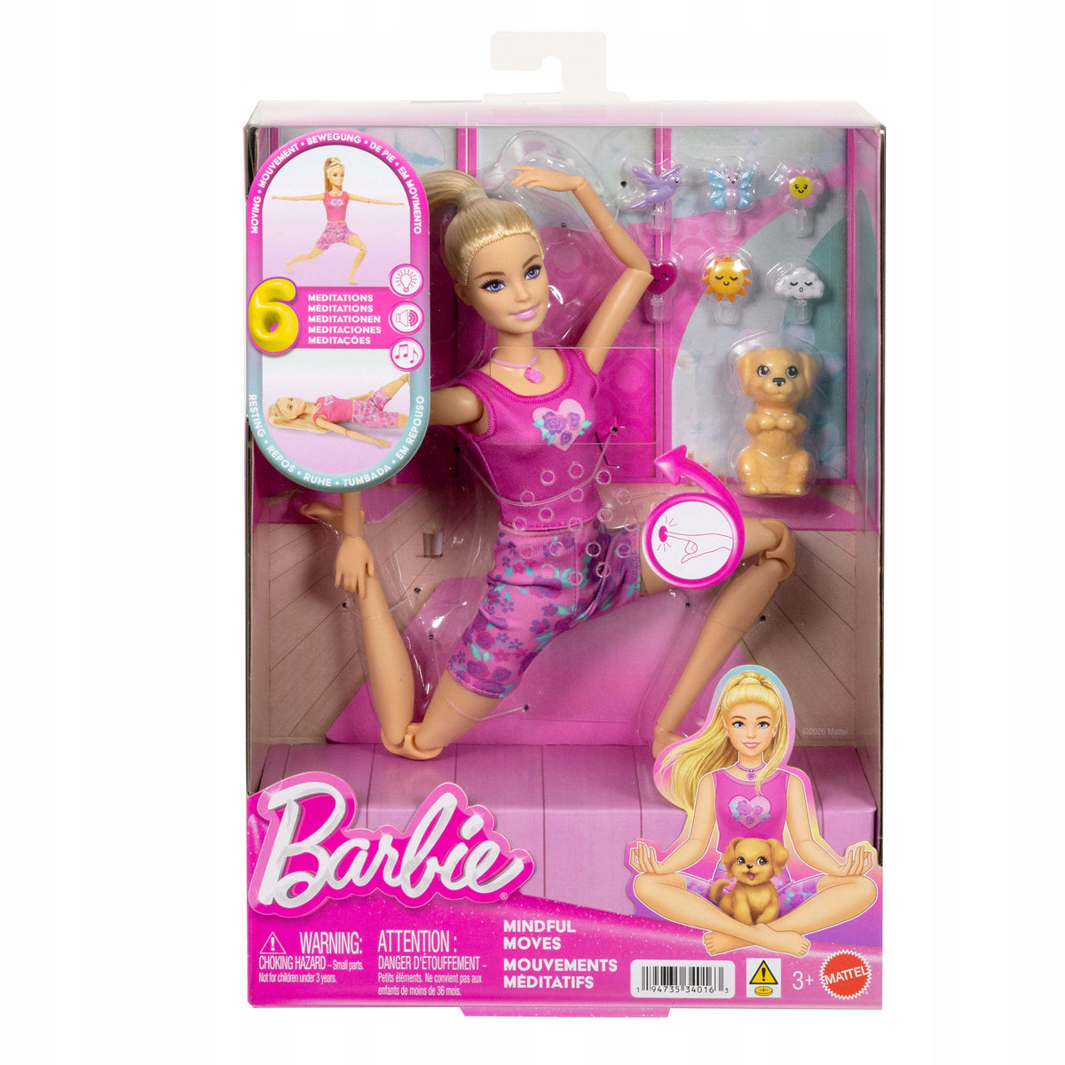 DOLL BARBIE MADE TO MOVE MOVING Meditation, interactive doll with dog Packaging status original