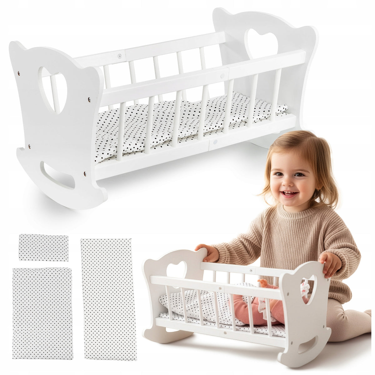 DOLL BED LARGE CRADLE WOODEN BEDDING QUILT KINDERPLAY WHITE