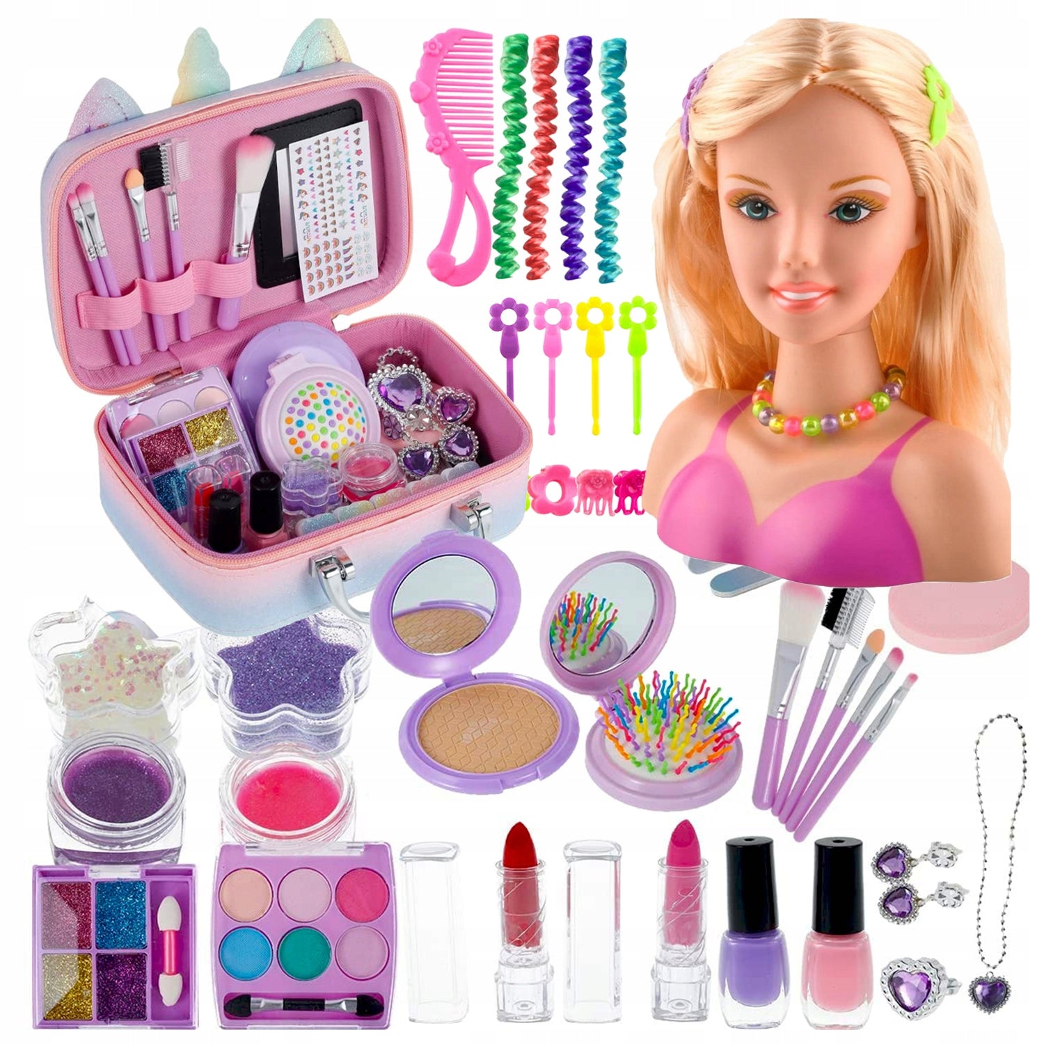 DOLL HEAD MANNEQUIN for combing and styling HAIRSTYLES + XXL cosmetics set Packaging status original