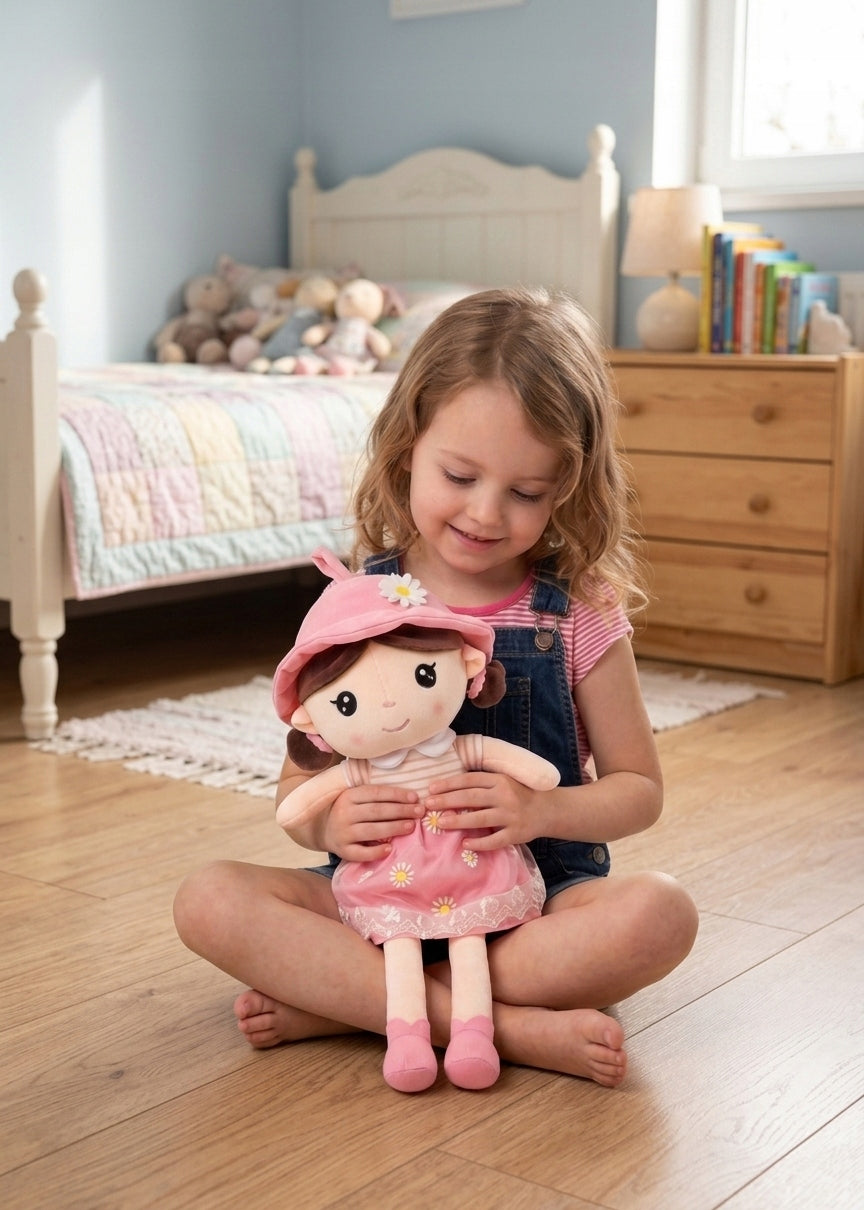 DOLL PLUSH girl RAG CUDDLY DOLL in DRESS Brand Meridian