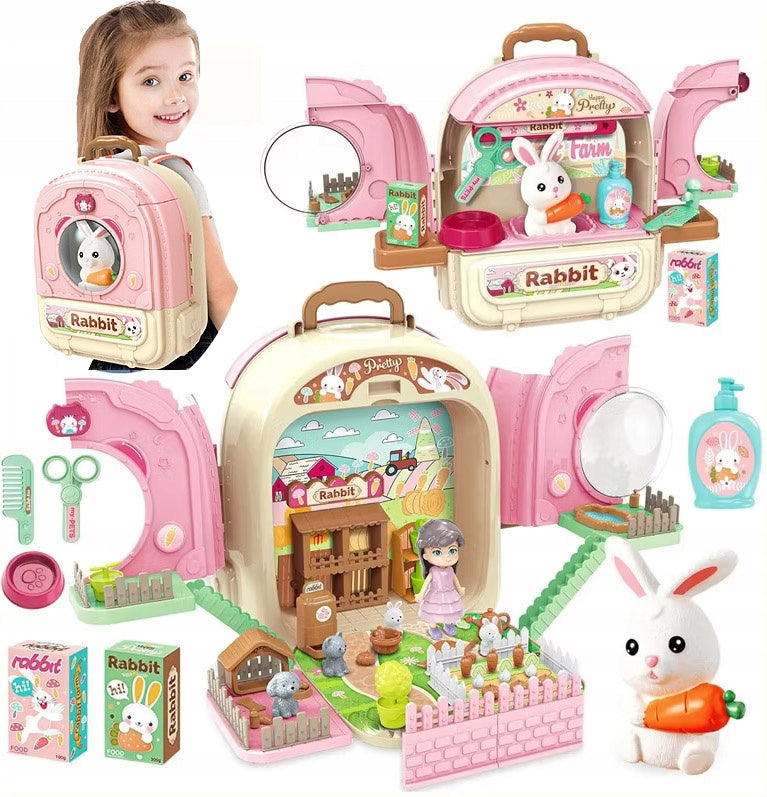DOLLHOUSE PORTABLE IN BACKPACK BUNNY FARM GARDEN SET