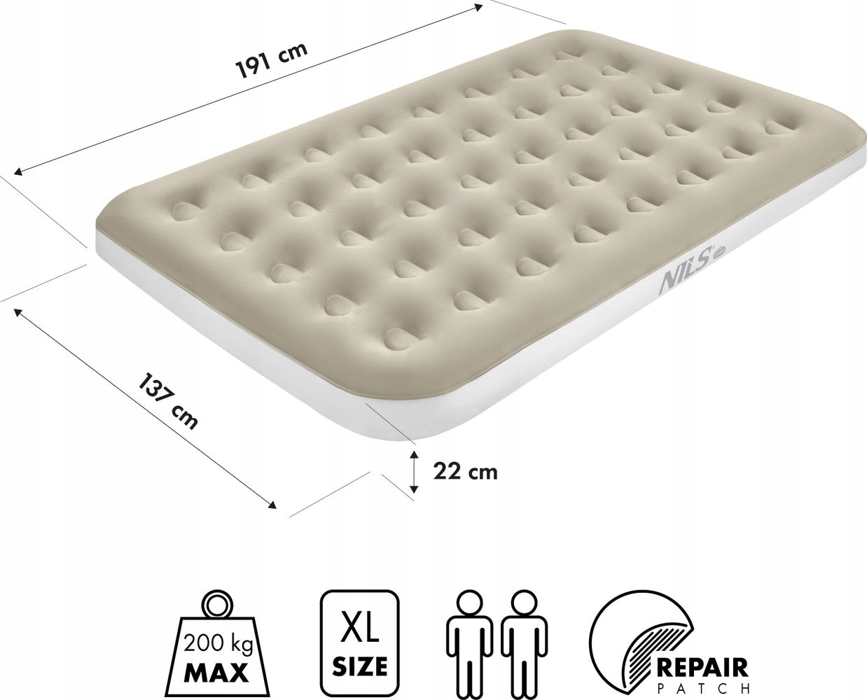 DOUBLE CAMPING VELOUR MATTRESS NILS CAMP NC2802 BEIGE 191X137X22 Manufacturer code 15-05-601