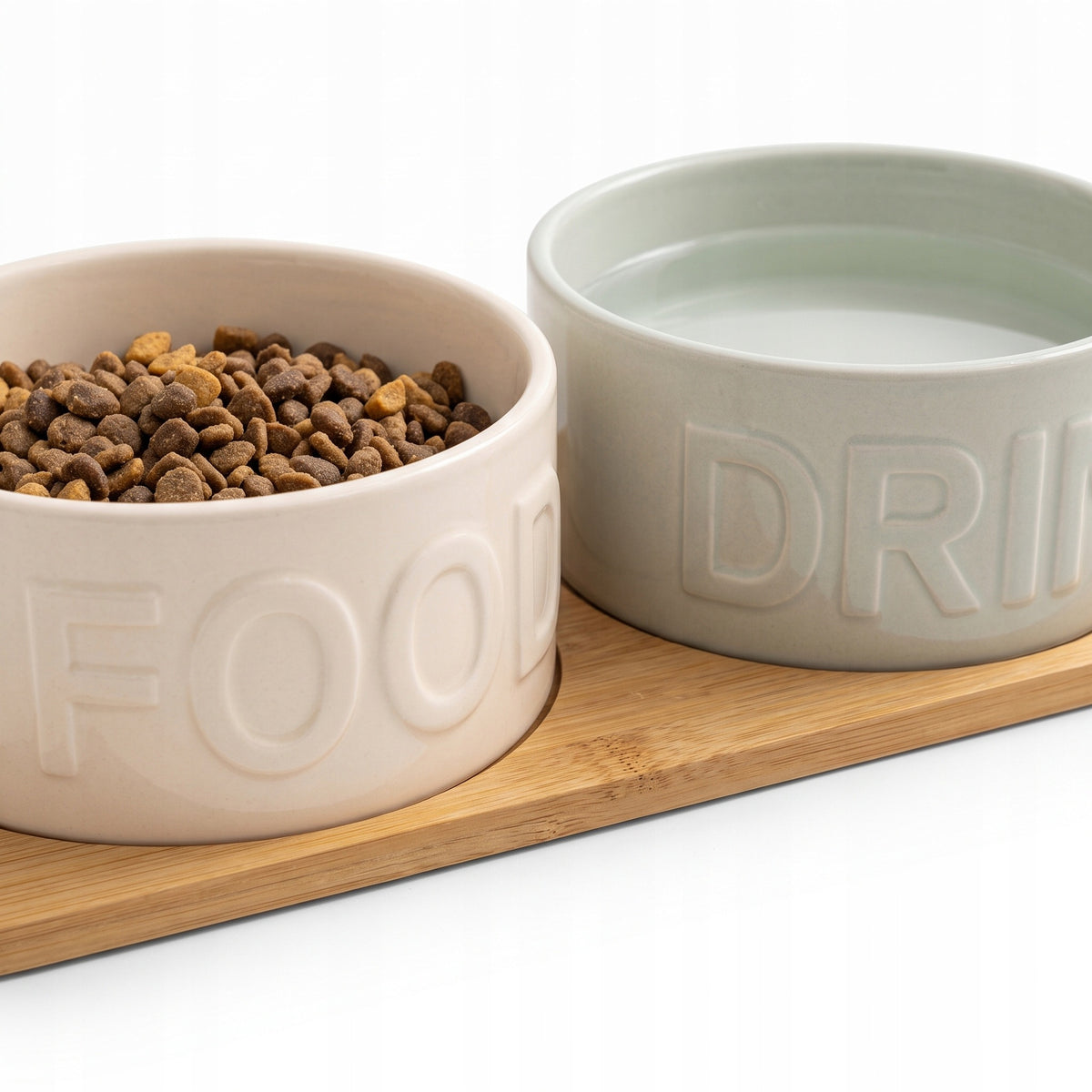 DOUBLE CERAMIC BOWL FOR DOG AND CAT WOODEN BASE BAMBOO 2x400ml Packaging status original
