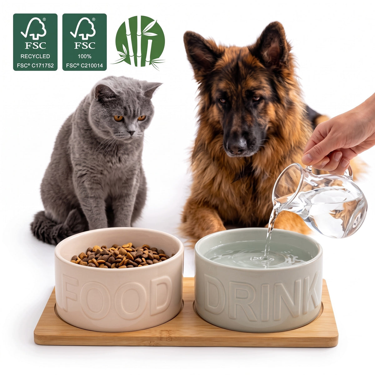 DOUBLE CERAMIC BOWL FOR DOG AND CAT WOODEN BASE BAMBOO 2x400ml