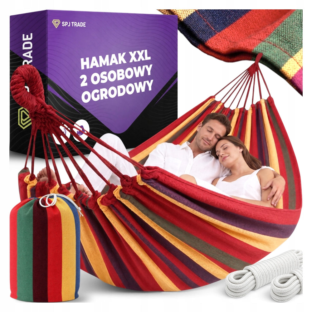 DOUBLE GARDEN HAMMOCK STRONG 260x160 BARS + BAG + XXL FASTENING LINKS
