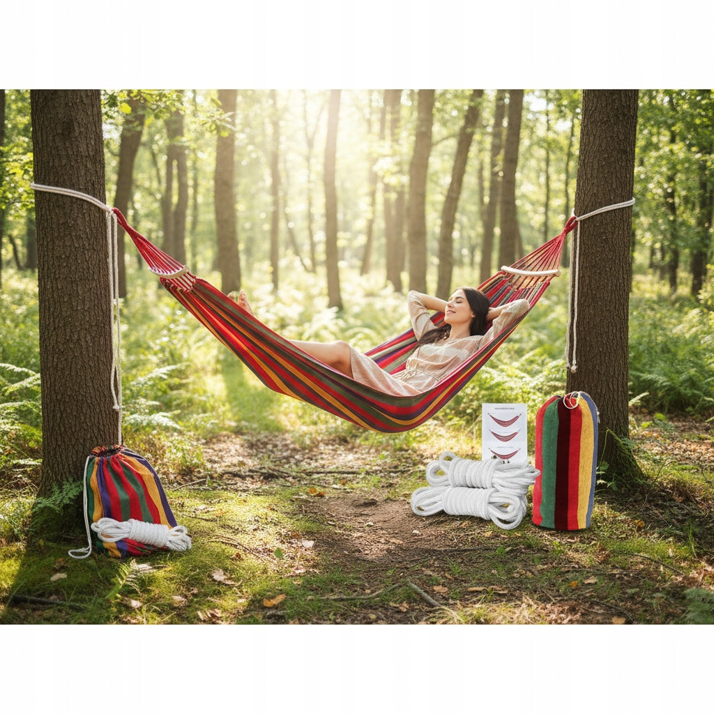 DOUBLE GARDEN HAMMOCK XXL LARGEST 290x150 BAG + PILLOW 60 CM HEADBAND Manufacturer code NAJWIĘKSZY HAMAK XXL BRAZYLIJSKI WISZĄCY