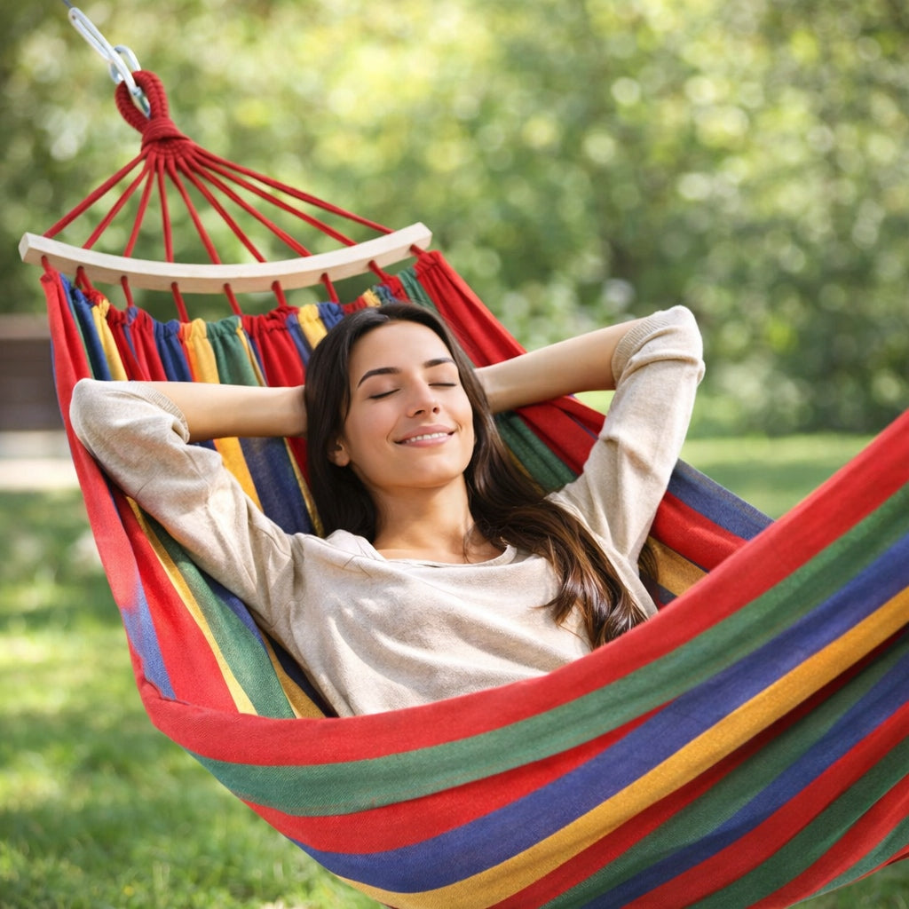 DOUBLE GARDEN HAMMOCK XXL LARGEST 290x150 BAG + PILLOW 60 CM HEADBAND Packaging status original