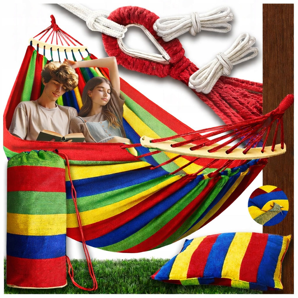 DOUBLE GARDEN HAMMOCK XXL LARGEST 290x150 BAG + PILLOW 60 CM HEADBAND