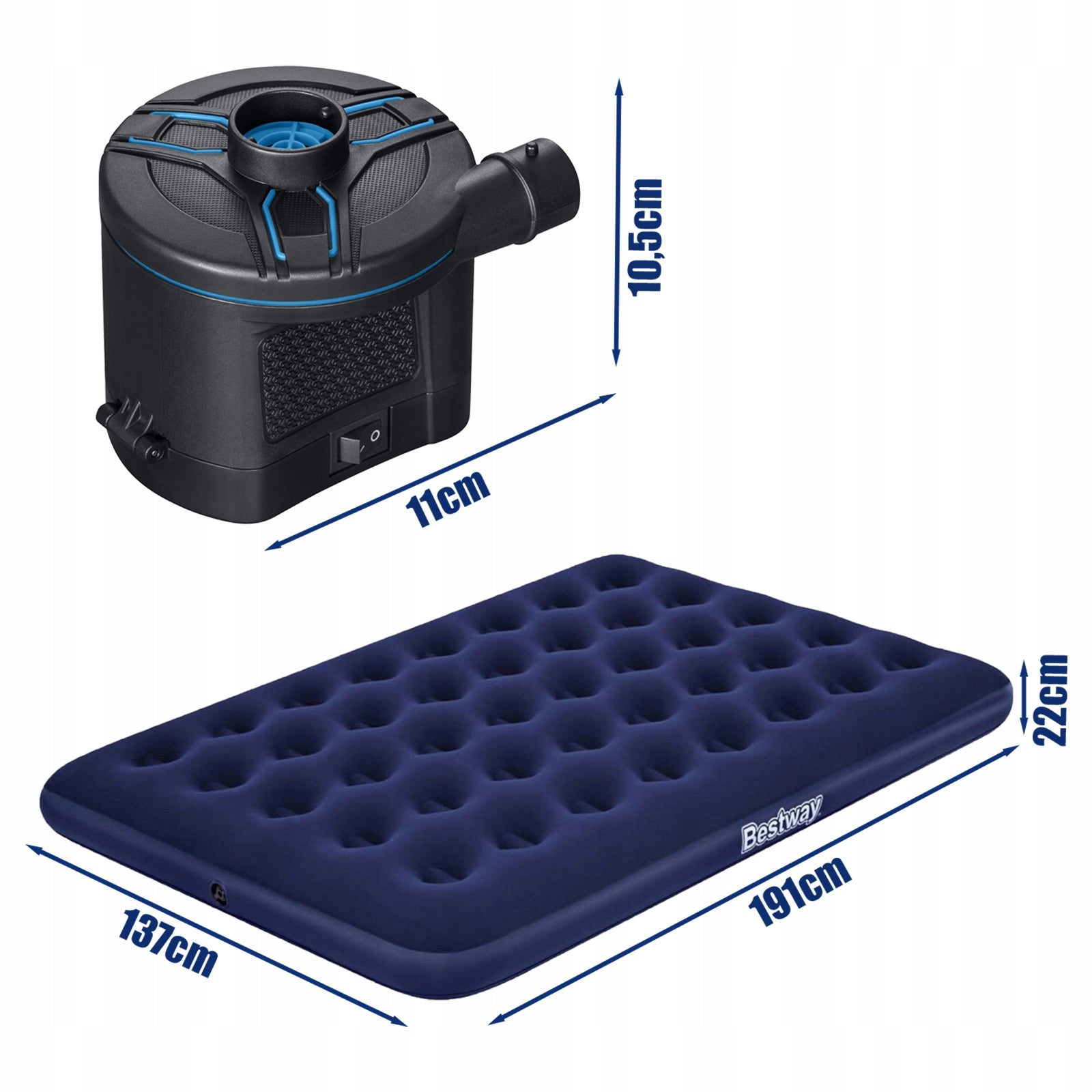 DOUBLE INFLATABLE MATTRESS 191x137x22 ELECTRIC BATTERY PUMP SET Packaging status original