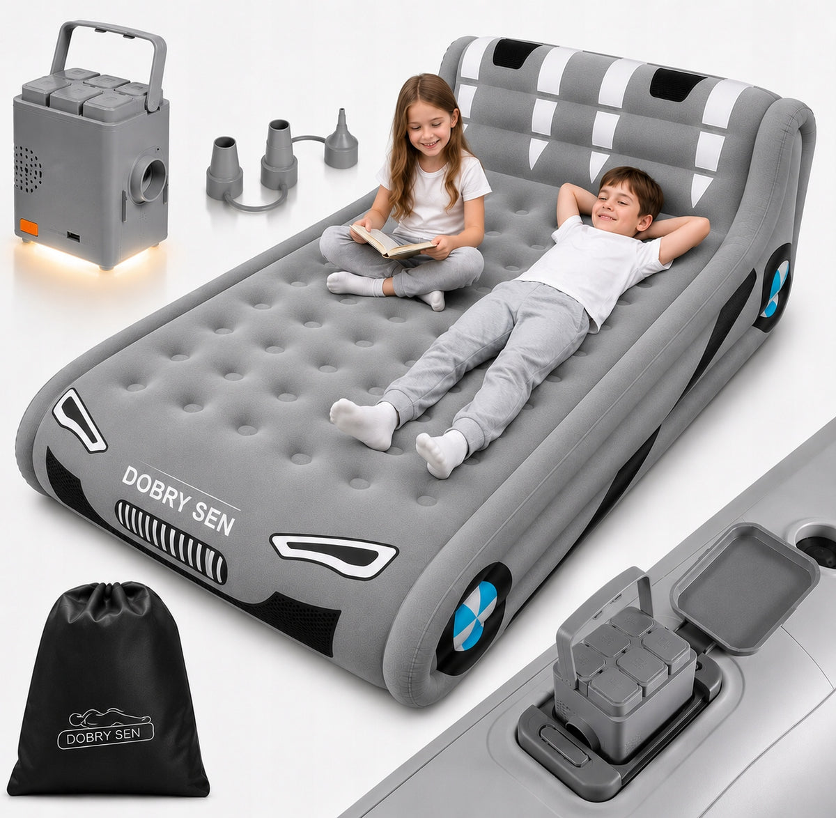 DOUBLE INFLATABLE MATTRESS FOR BATTERY 300kg + LAMP IN PUMP usb-c