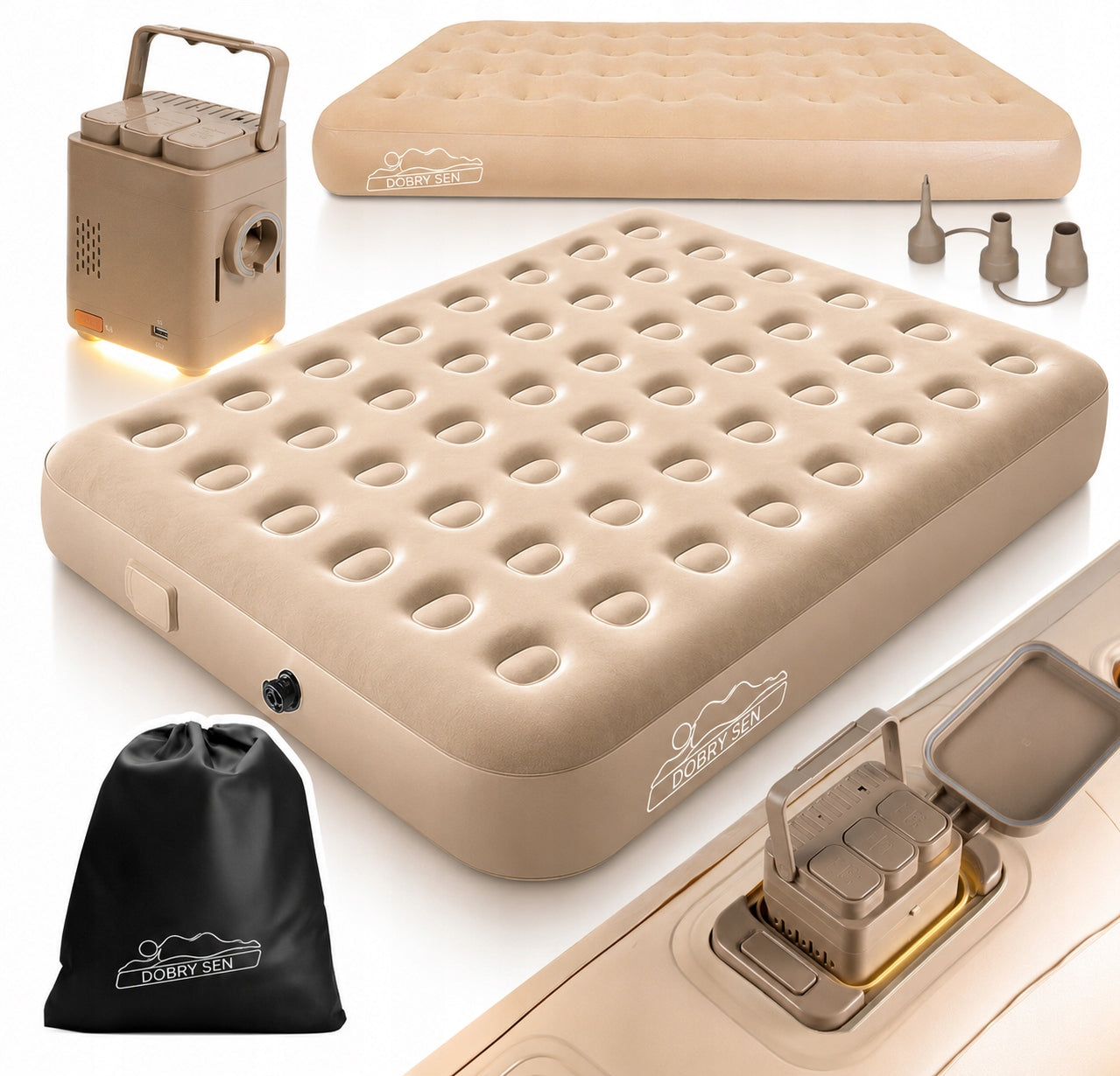 DOUBLE INFLATABLE MATTRESS WITH BATTERY PUMP + LAMP IN USB-c PUMP