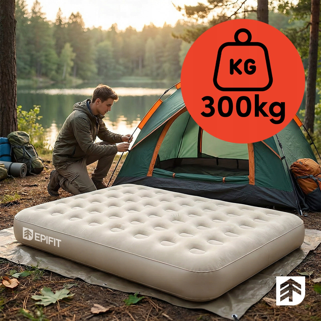 DOUBLE INFLATABLE MATTRESS WITH ELECTRIC PUMP USB-C CAMPING 300KG Packaging status original
