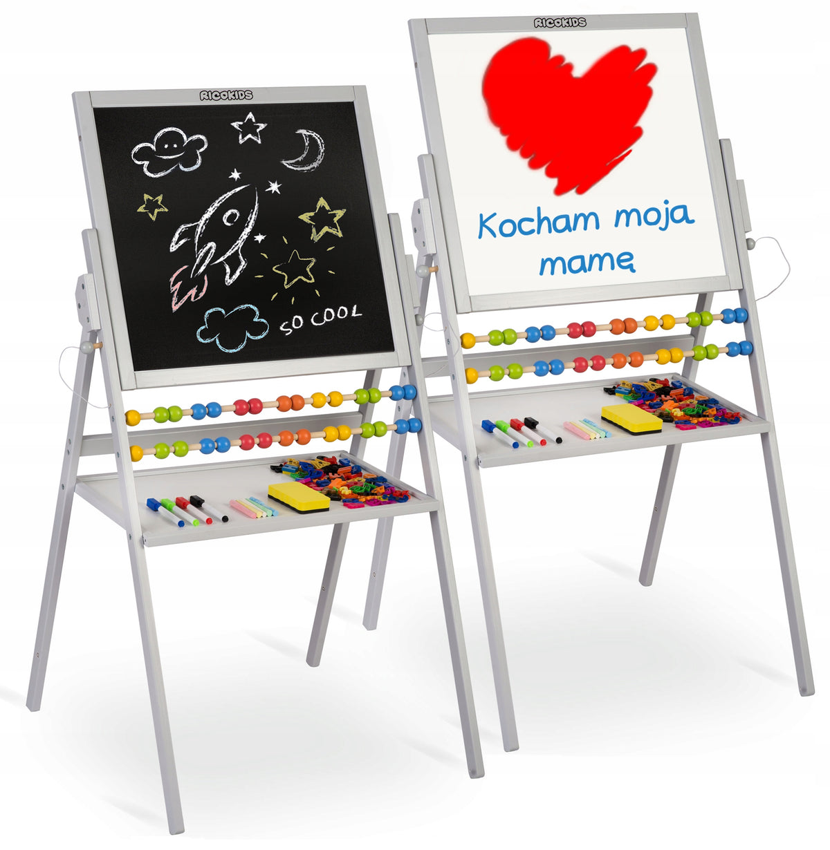 DOUBLE SIDED MAGNETIC BOARD FOR KIDS CHALK ROTATING + ACCESSORIES Brand RicoKids