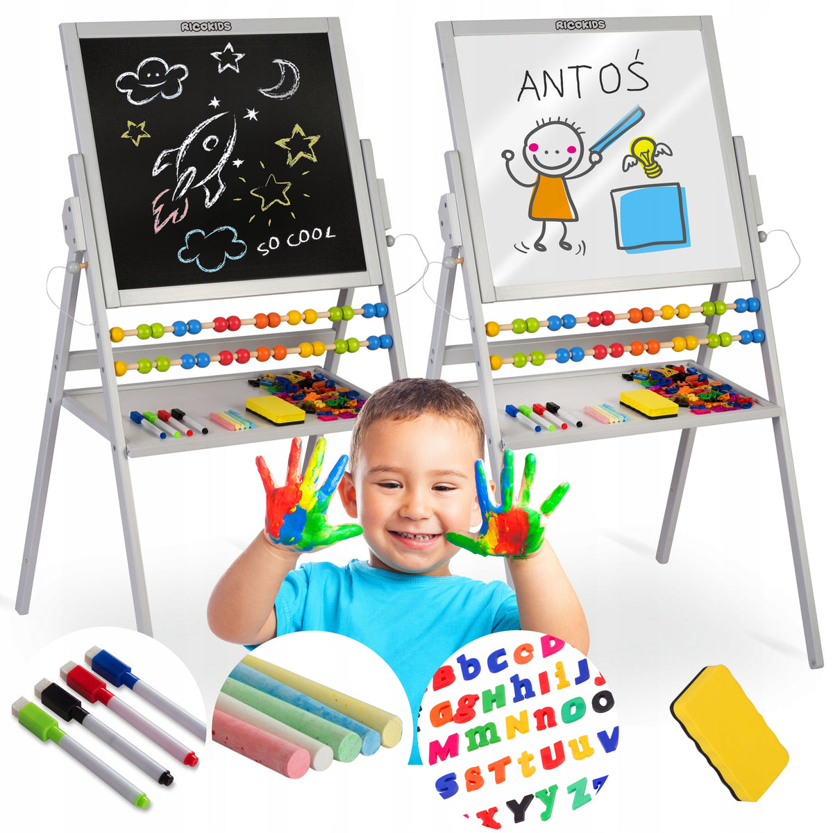 DOUBLE SIDED MAGNETIC BOARD FOR KIDS CHALK ROTATING + ACCESSORIES