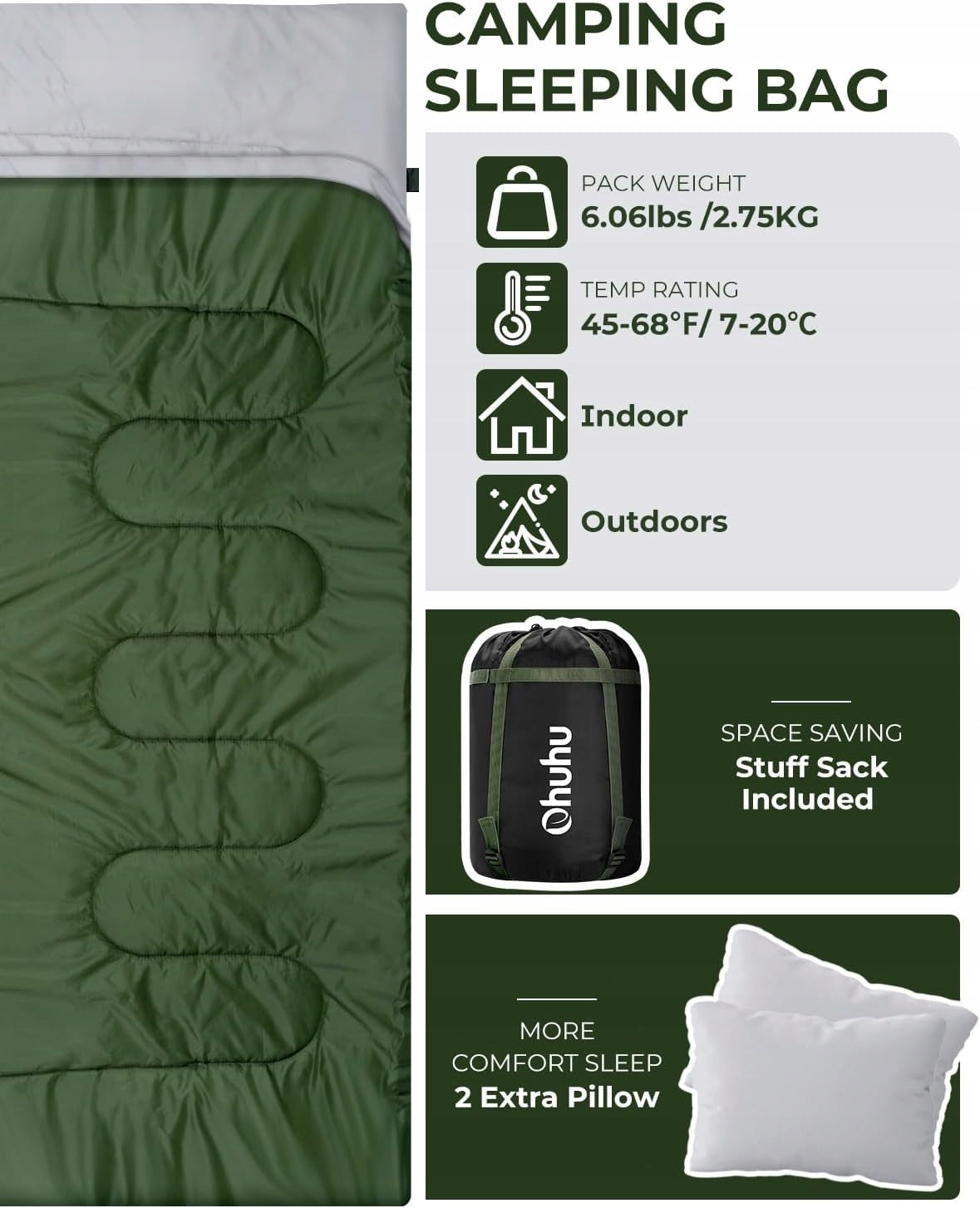 DOUBLE SLEEPING BAG DOUBLE HIKING FOR TWO PEOPLE WARM LARGE COVER Brand Ohuhu