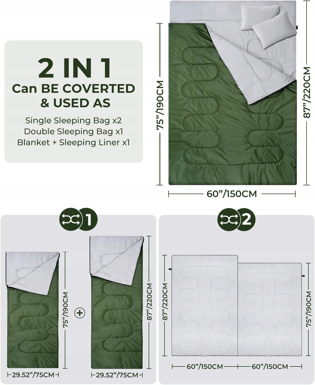 DOUBLE SLEEPING BAG DOUBLE HIKING FOR TWO PEOPLE WARM LARGE COVER Color green