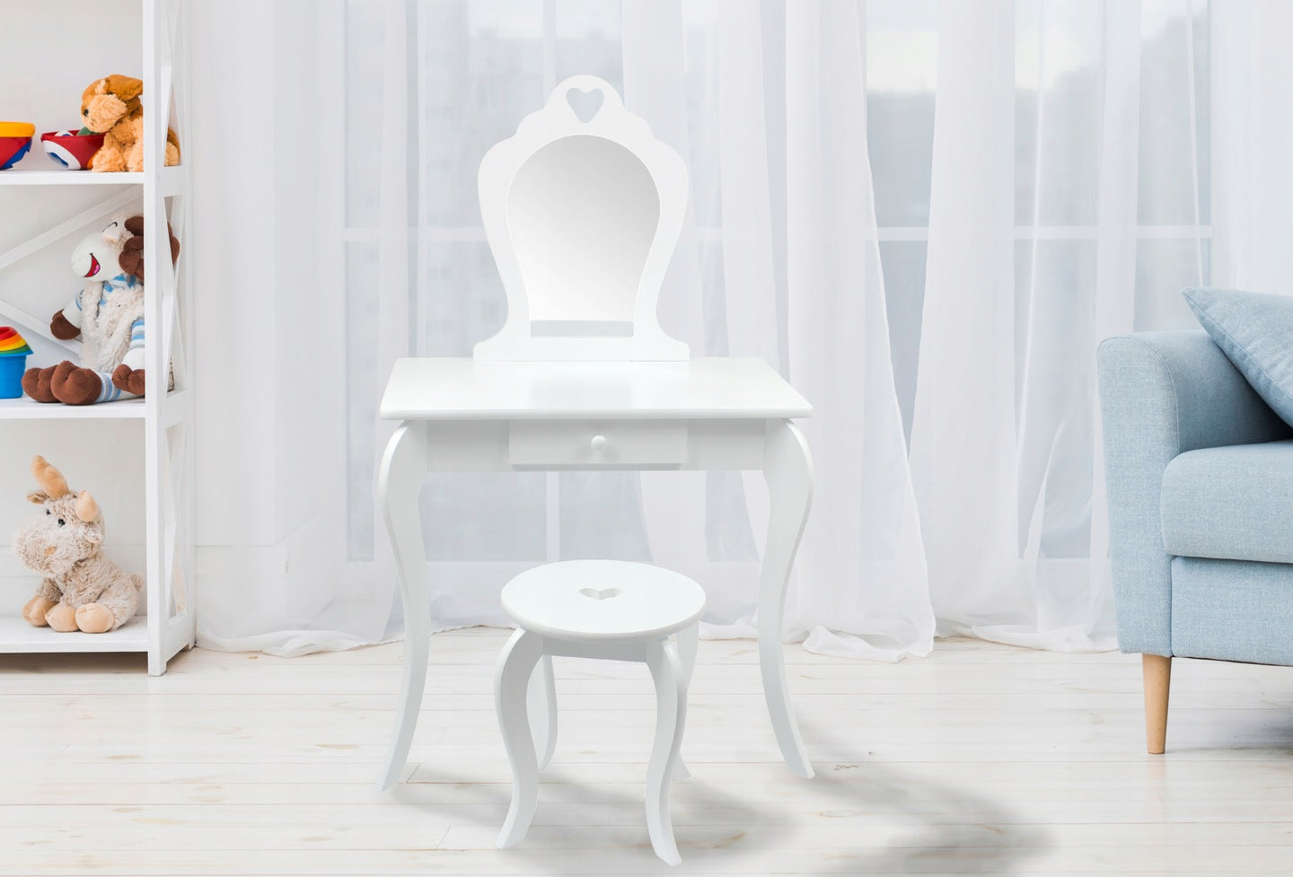 DRESSING TABLE COSMETIC FOR GIRLS MAKEUP WITH MIRROR STOOL WHITE Furniture color white