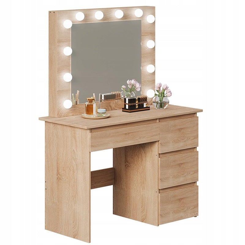 DRESSING TABLE COSMETIC LED LIGHTING SONOMA OAK 4 DRAWERS BEDROOM BROWN Furniture height 140 cm