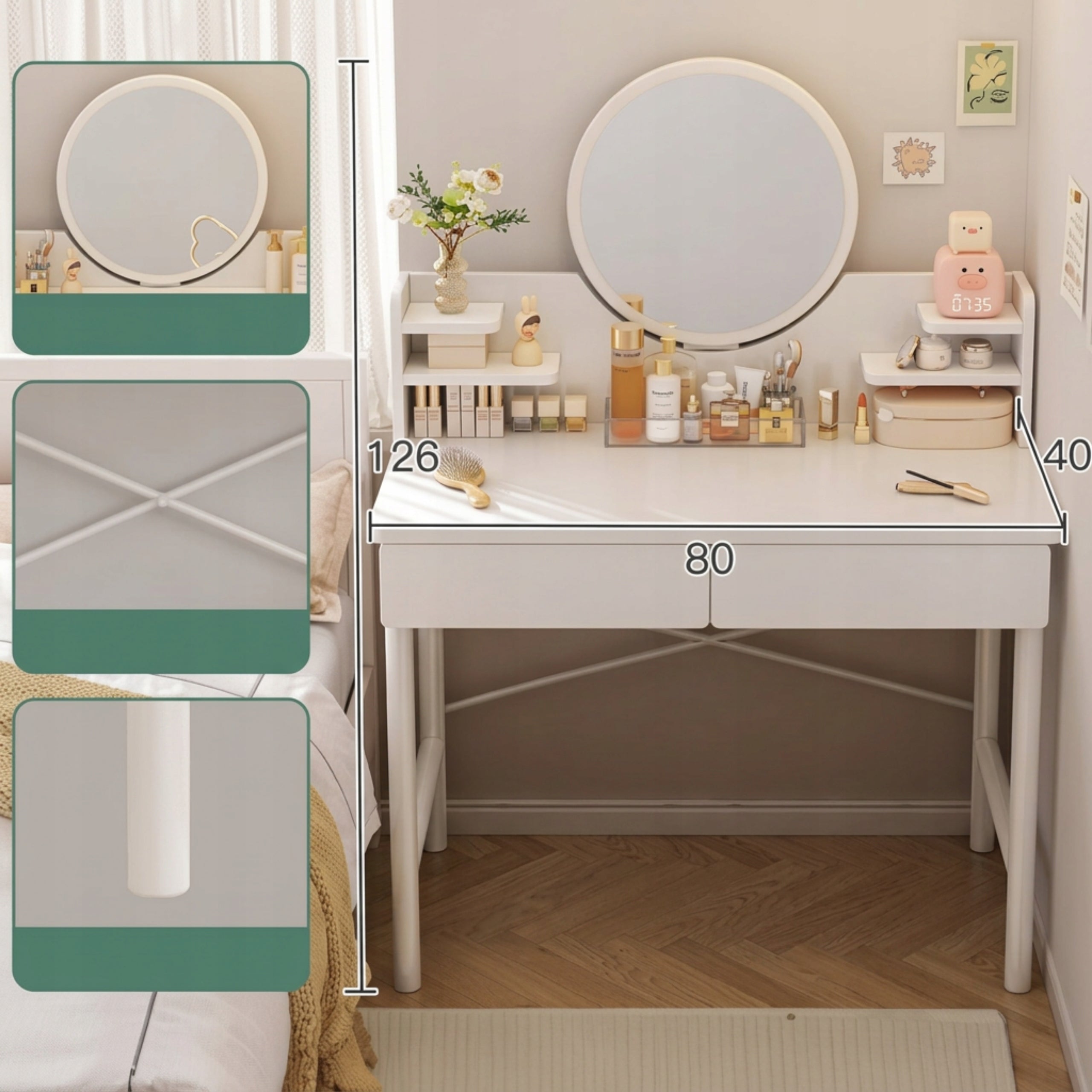 DRESSING TABLE COSMETIC WHITE BEDROOM WITH MIRROR AND DRAWERS MODERN Furniture width 80 cm